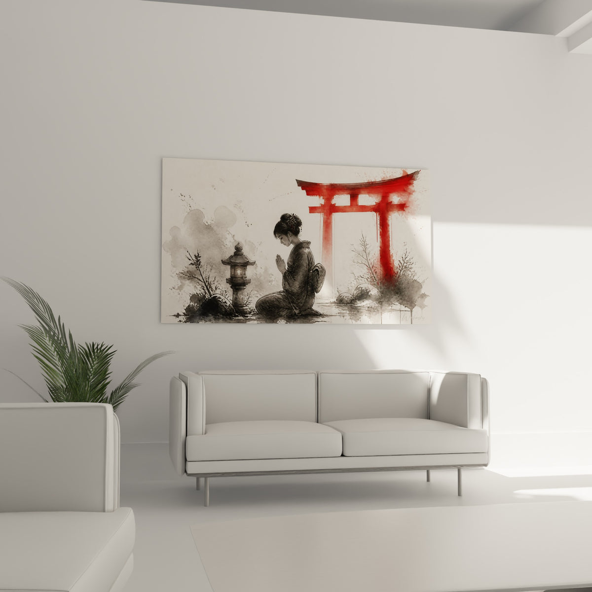 Silhouette en méditation près d'une lanterne allumée, encre noire et rouge vif au-dessus d'un canapé dans un salon lumineux