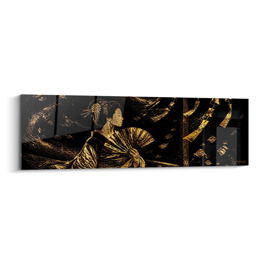 Tableau Éventail noir et doré aux volutes tourbillonnantes - Rubans suspendus au vent - Edition geisha