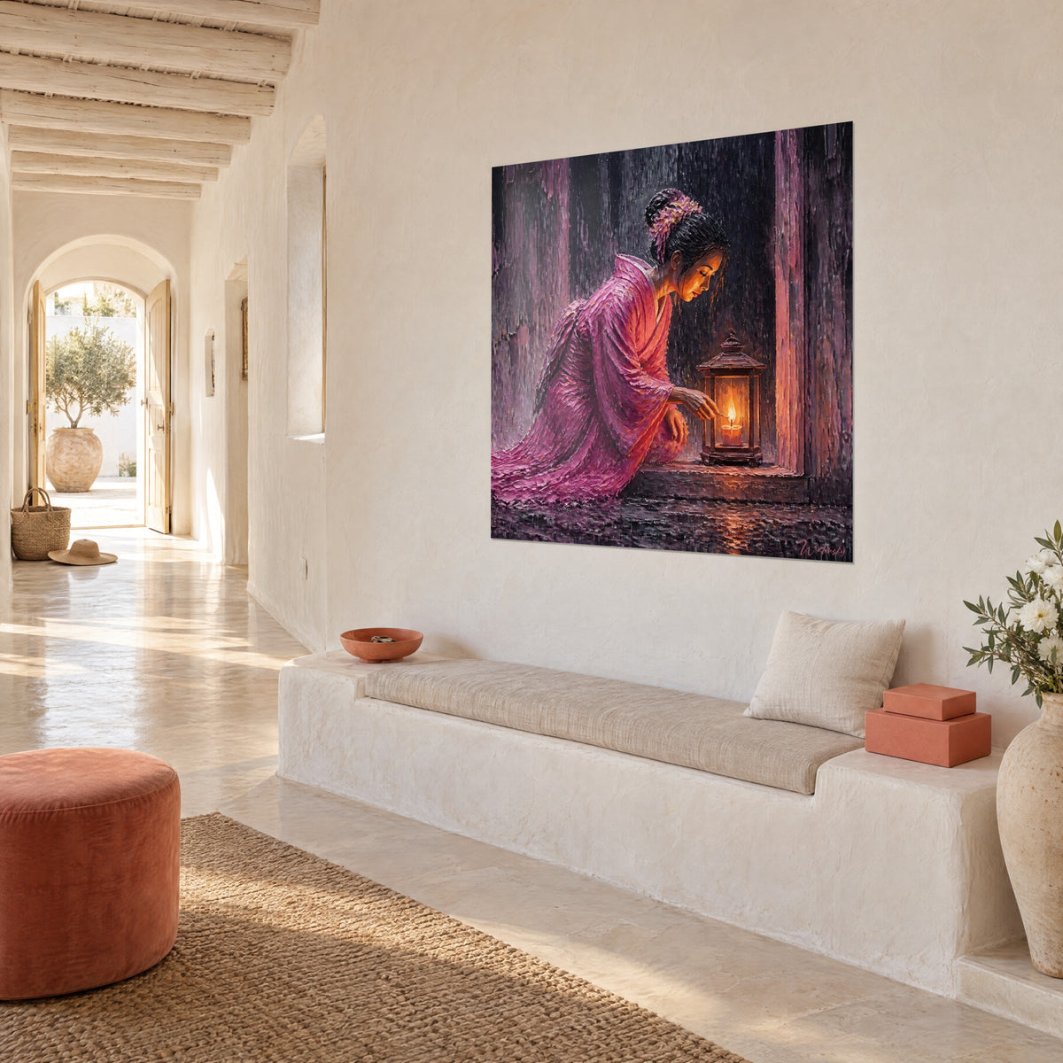 Wall art young woman in a magenta kimono lighting a candle, crimson wooden backdrop streaked with rain, hung on a white wall above a stone bench