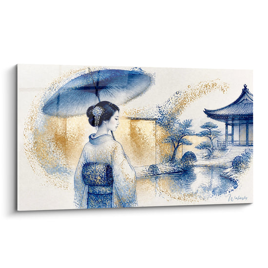 Tableau Geisha ombrelle bleue et jardin doré - Promenade silencieuse - Edition geisha