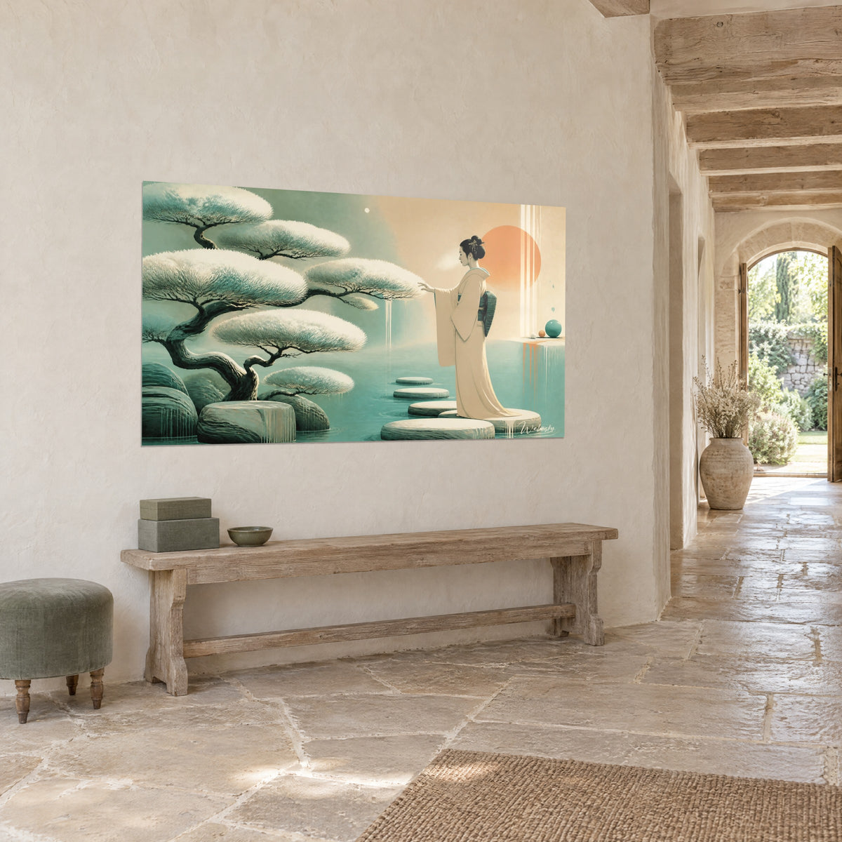 Wall art giant bonsai with frosted needle cushions over turquoise water, woman in a cream kimono, orange sun, light stone entrance