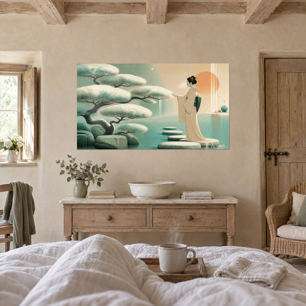 Wall art Japanese silhouette in a cream kimono facing white pine clouds, turquoise and orange spheres, above a bed in a bright bedroom