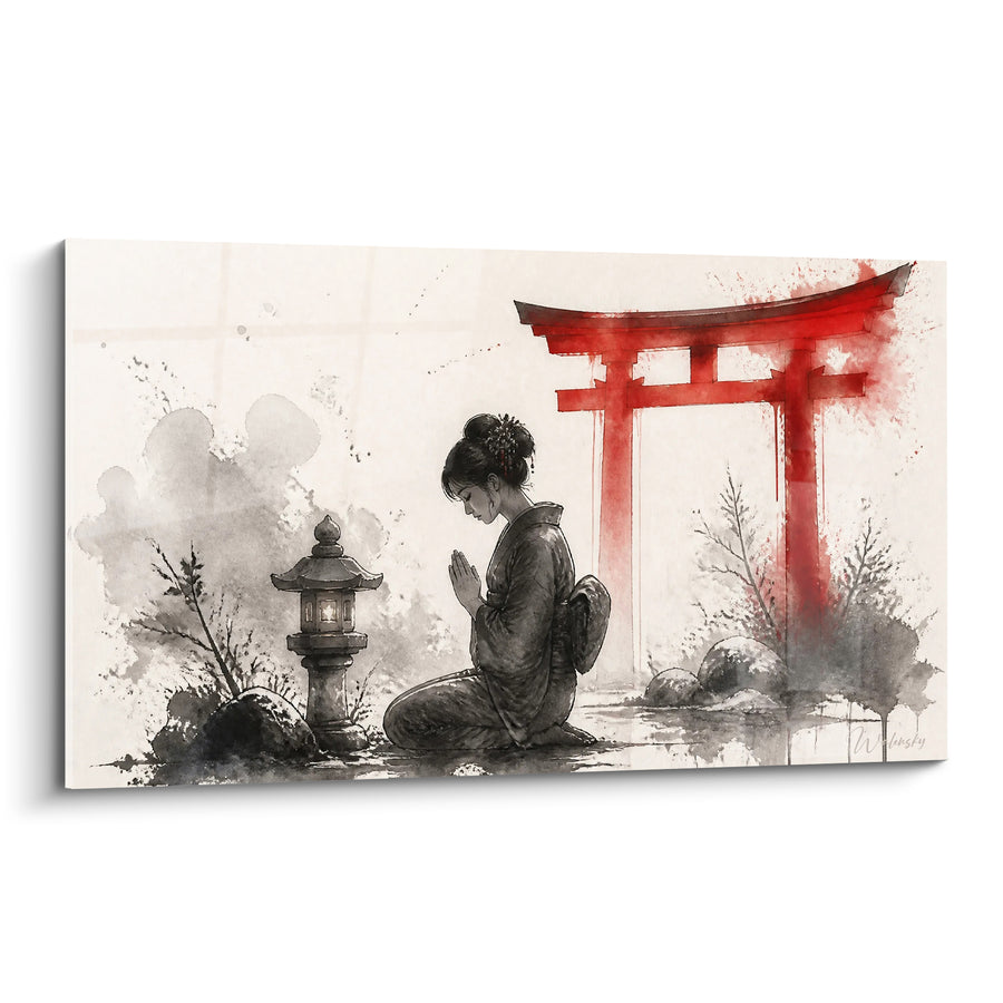 Tableau Geisha priant sous un torii rouge - Prière du soir - Edition geisha