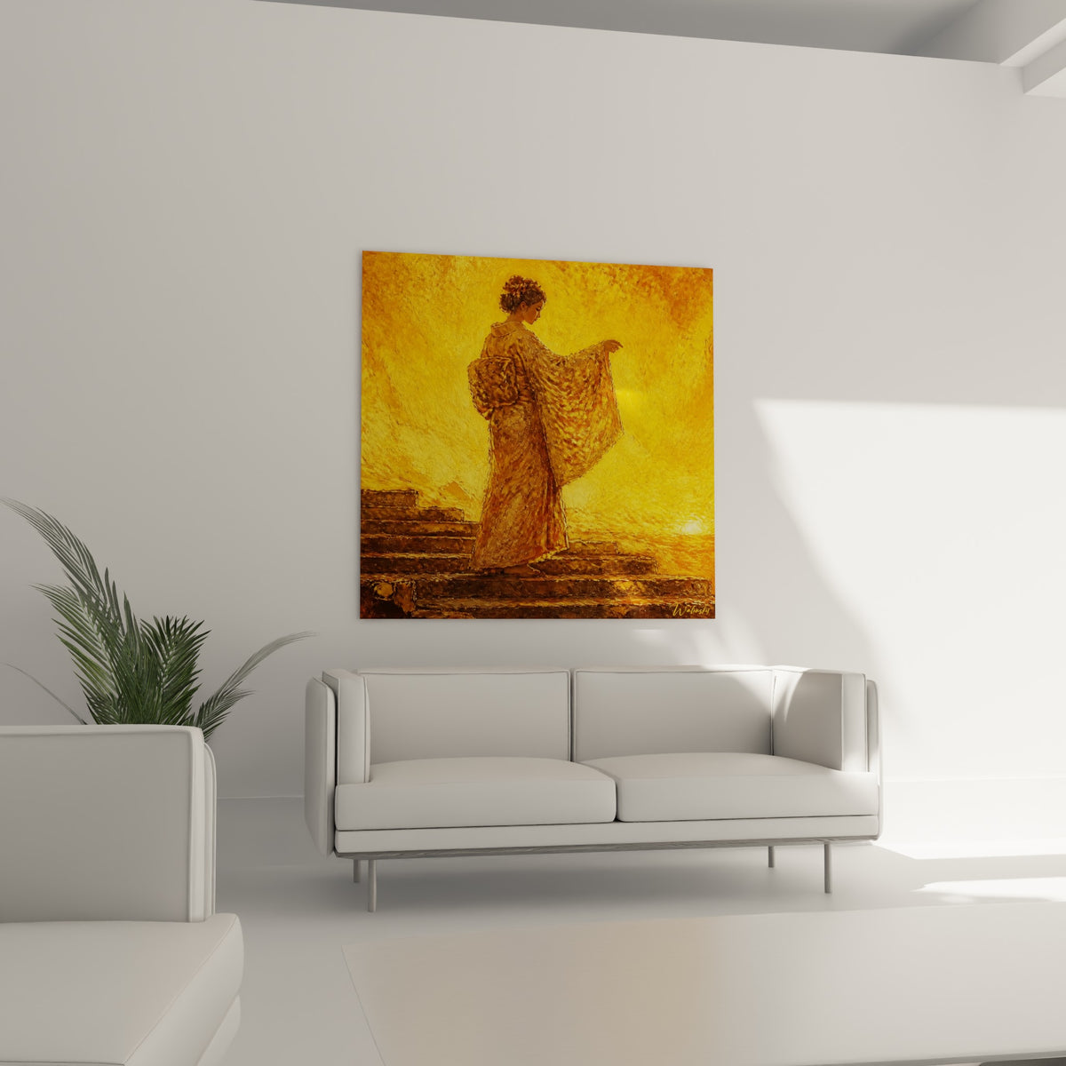 Femme en kimono doré et brun montant des marches, au-dessus d'un canapé dans un salon lumineux