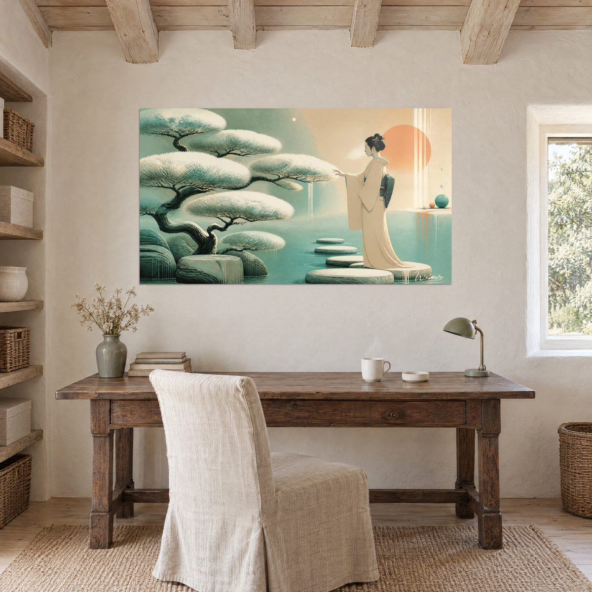 Wall art stepping stones on turquoise water, woman with a loose bun and beige kimono, twisted white pine and orange sun, above a wooden desk