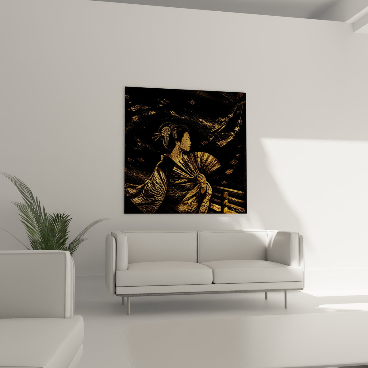 Kimono doré et éventail texturé d'une geisha, présentés au-dessus d'un canapé dans un salon lumineux
