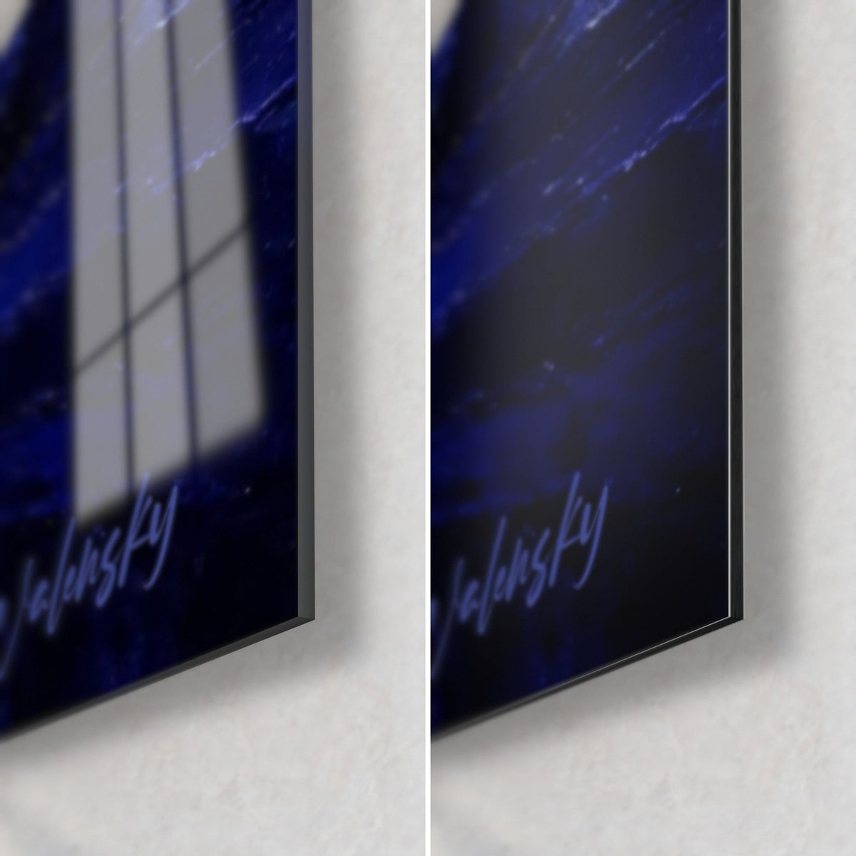 Wall art geisha in a midnight blue kimono, bottom right corner: glossy acrylic glass and matte Dibond aluminum, 3 mm edge, silver signature