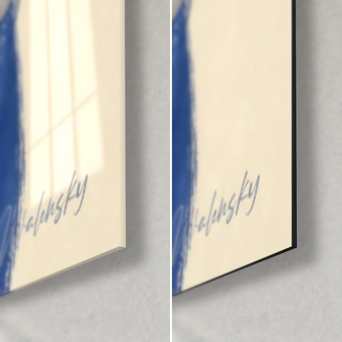 Tableau éventail de papier bleu et crème, coin bas droit : verre brillant à gauche, Dibond noir mat à droite, tranche 3 mm