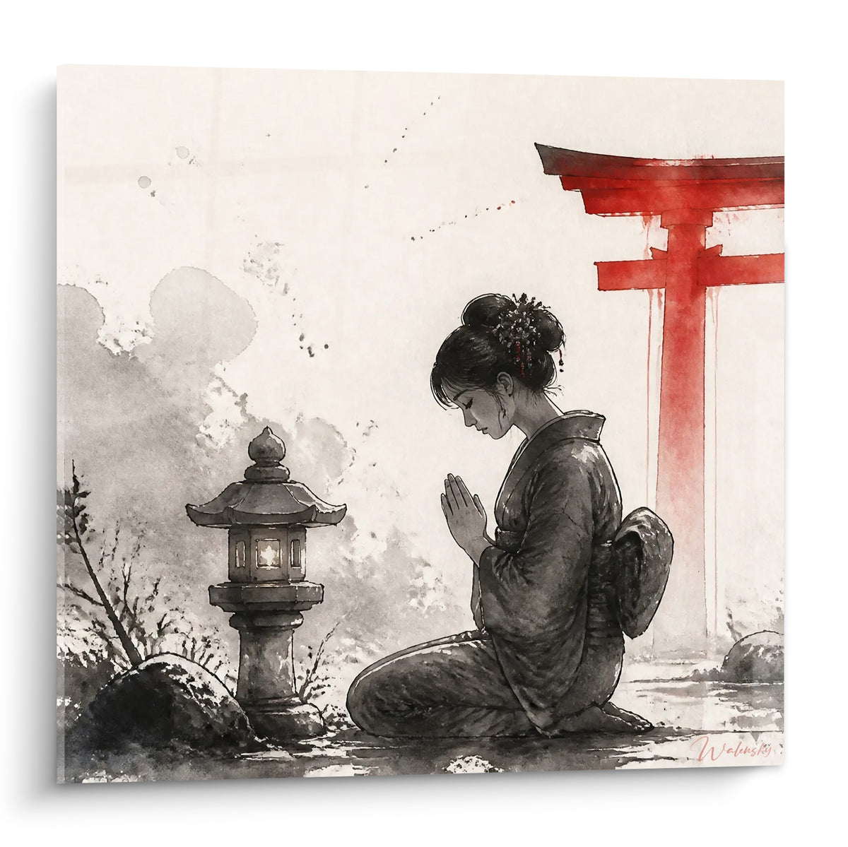 Geisha agenouillée en kimono gris priant devant un torii rouge vermillon et une lanterne de pierre