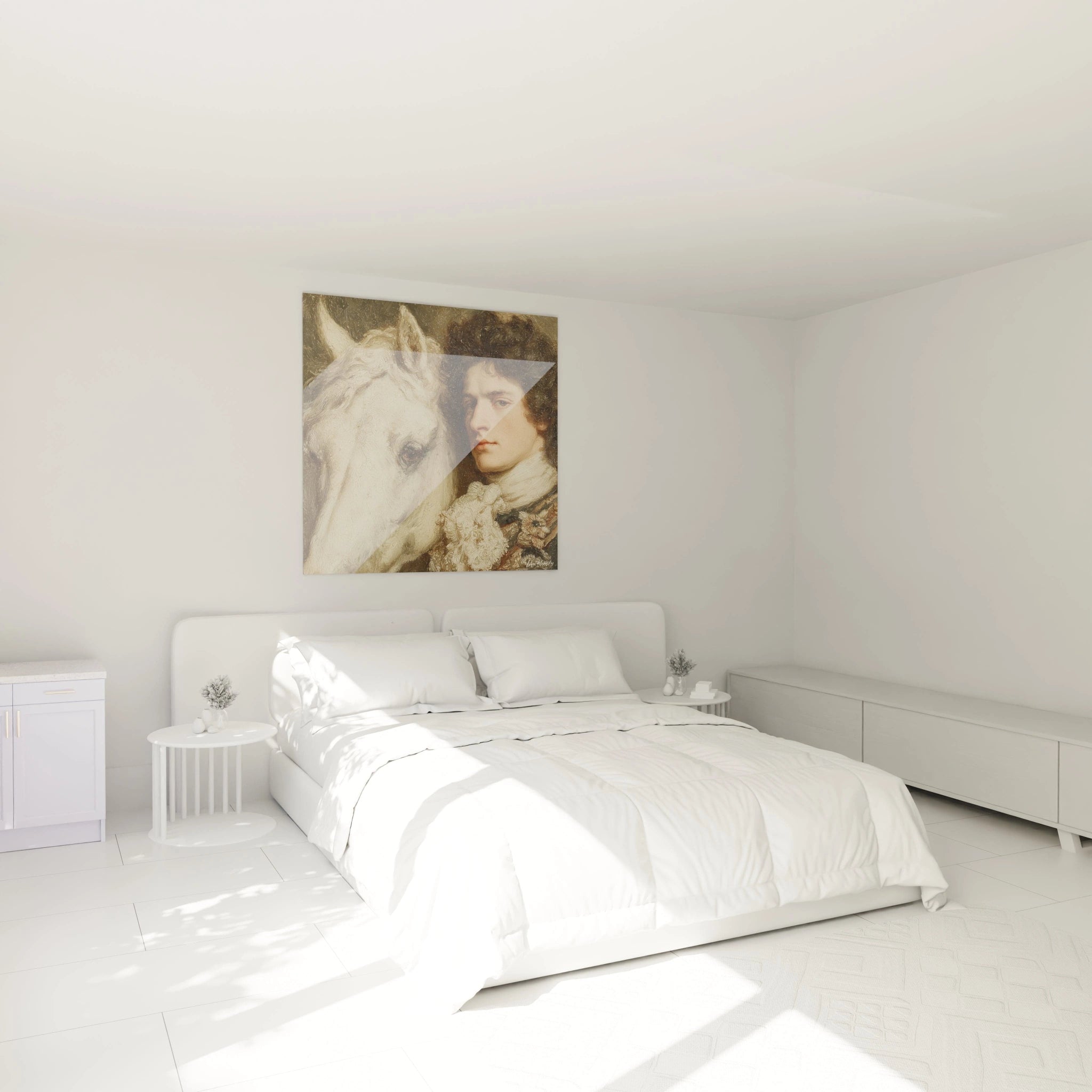 tableau Louis XIV par Walensky accroche au dessus du lit dans une chambre blanche minimaliste