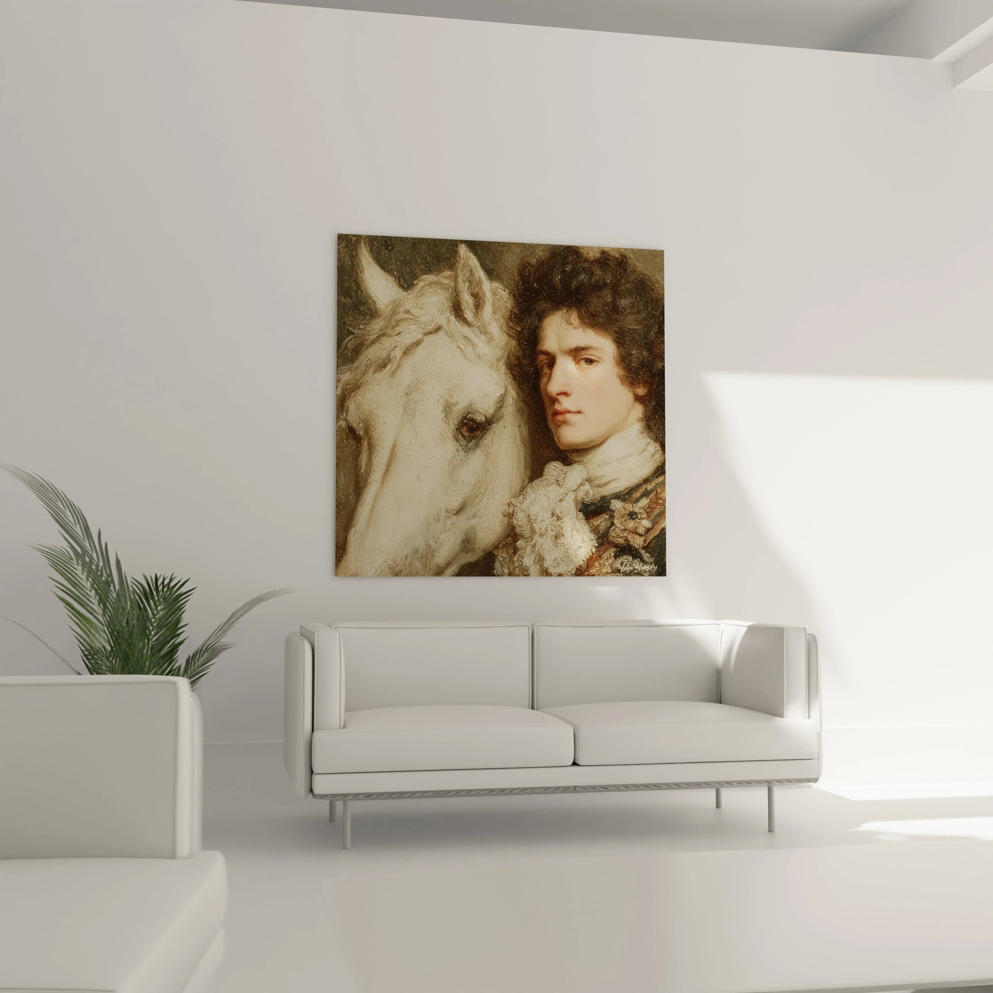 tableau Louis XIV Walensky mural carré portrait d aristocrate à cheval accroché au dessus d un canapé dans un salon minimaliste