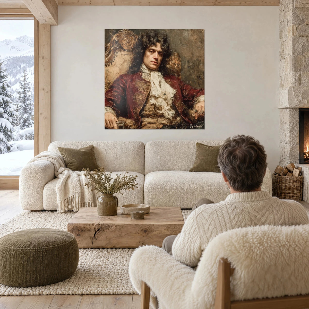 Gemälde eines Edelmanns mit braunweißer Lockenperücke, bordeauxroter Jacke und elfenbeinfarbenem Jabot, über einem Sofa in einem hellen Wohnzimmer
