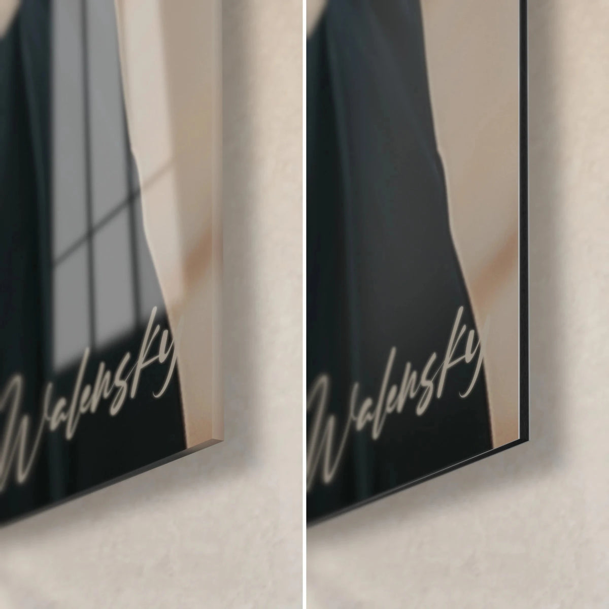 Tableau dandy en costume noir, coin bas droit : verre acrylique brillant aux reflets et alu Dibond mat noir, tranche de 3 mm, signature Walensky
