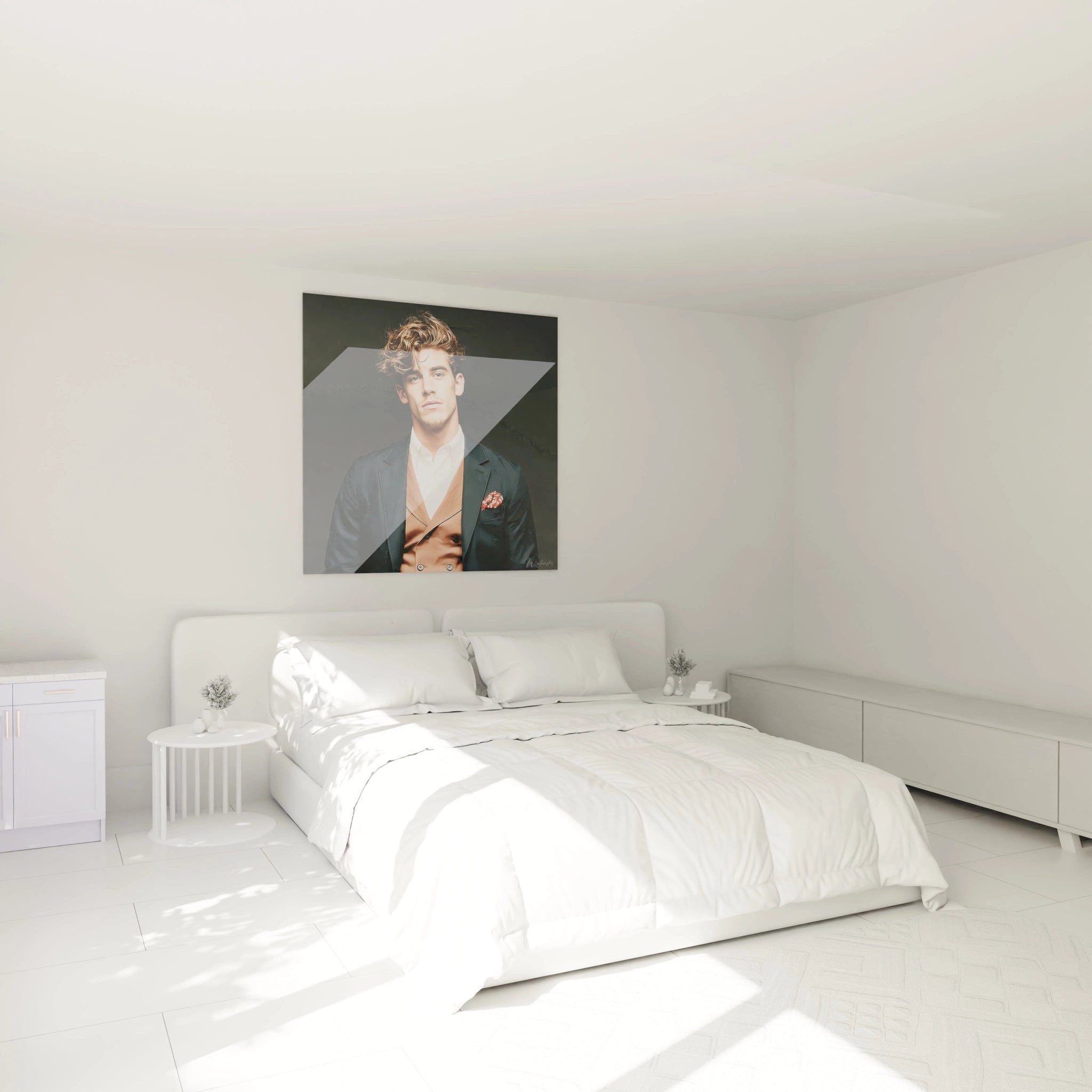 Tableau décoration homme élégant de Walensky accroché au mur dans une chambre lumineuse et moderne