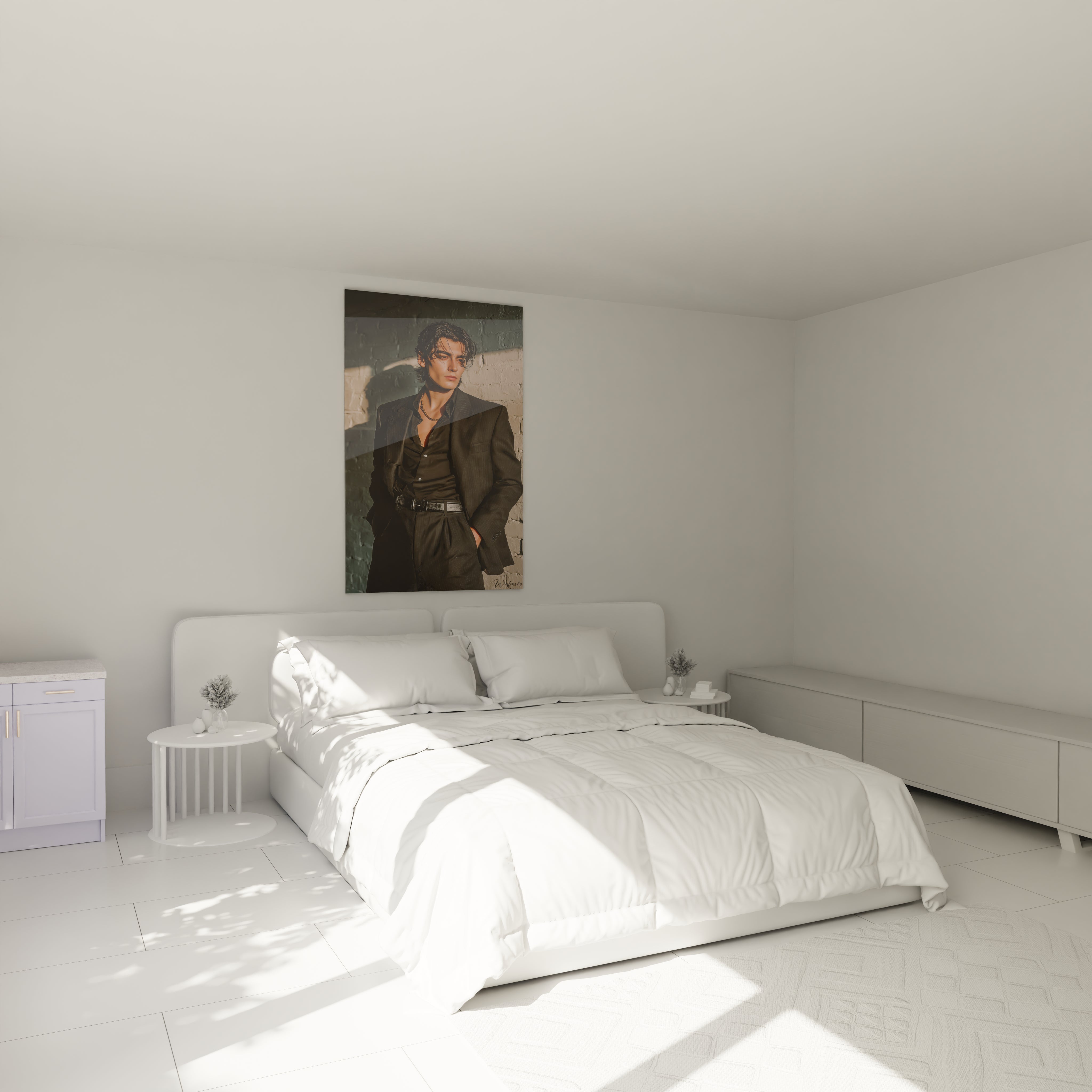 Tableau gentleman moderne de Walensky accroché au mur dans une chambre lumineuse et minimaliste