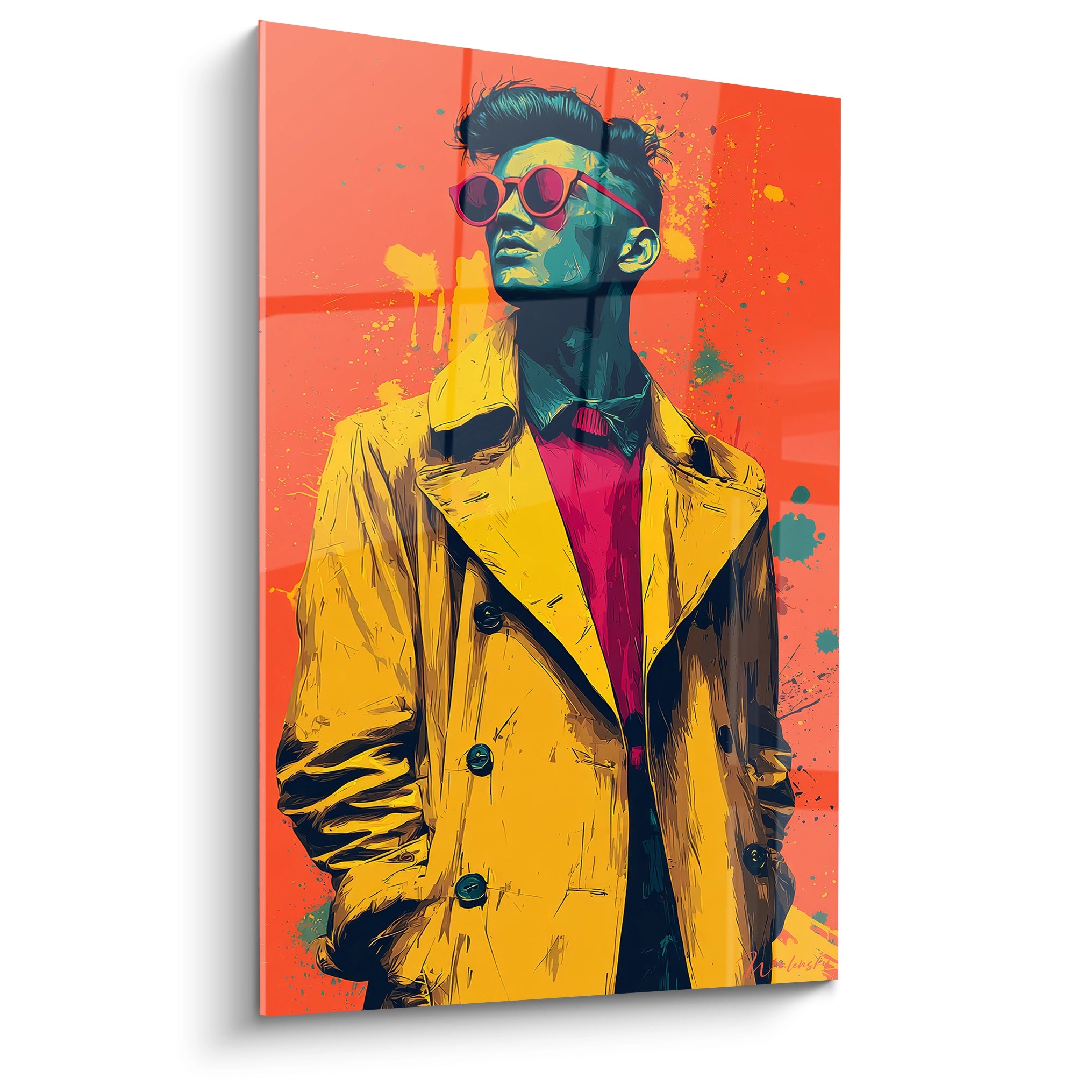 Tableau gentleman vintage avec un homme stylé portant des lunettes de soleil et un manteau jaune