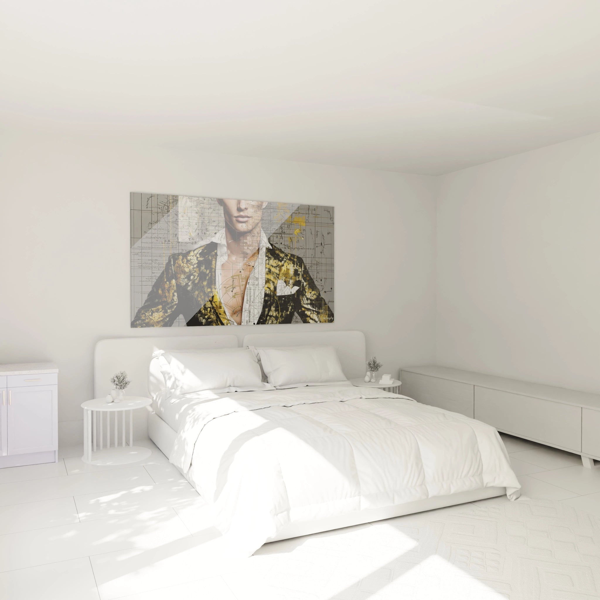 Tableau art mural gentleman par Walensky dans une chambre lumineuse avec lit blanc