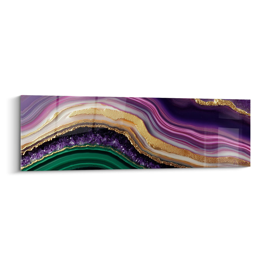 Tableau géode améthyste aux veines dorées et émeraude - Harmonie Minérale - Edition Feng shui Sud-Est Bois