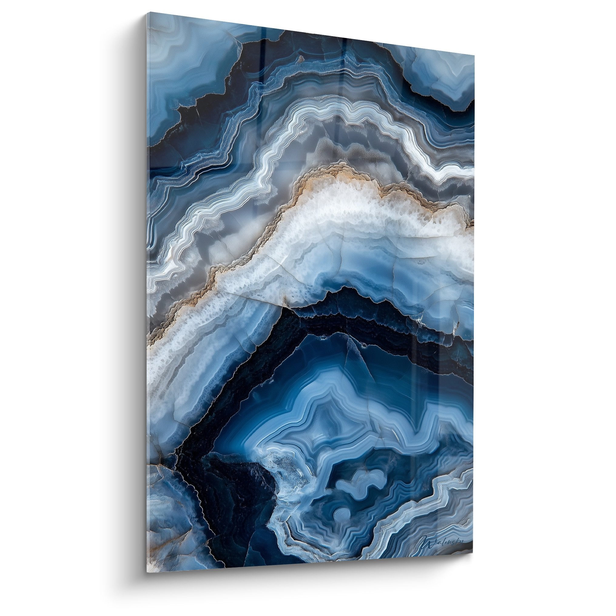 tableau geode bleue marbre abstrait avec veines dorees et stratifications cristallines decoration murale moderne