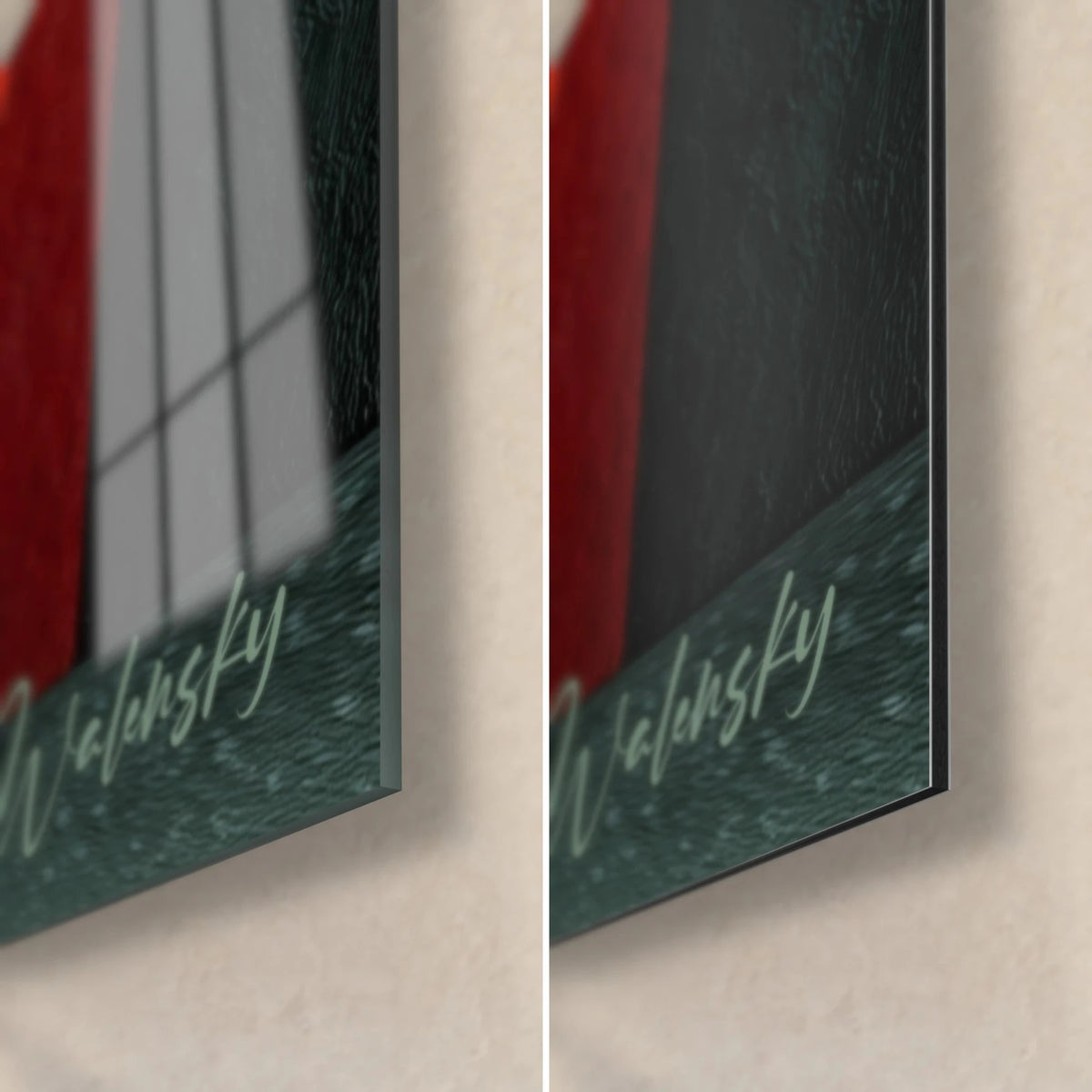 Wall art abstract architecture, green Walensky signature on teal background, glossy glass corner bottom right and matte Dibond