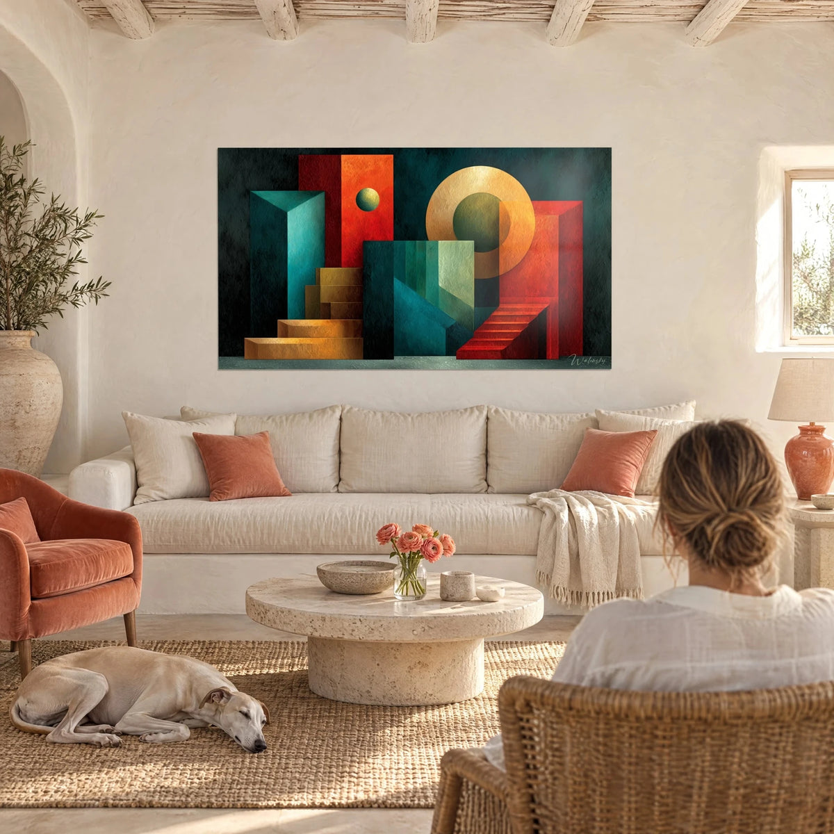 Wall art with red-orange and teal geometric blocks, golden disc, ochre staircases, above a sofa in a bright living room