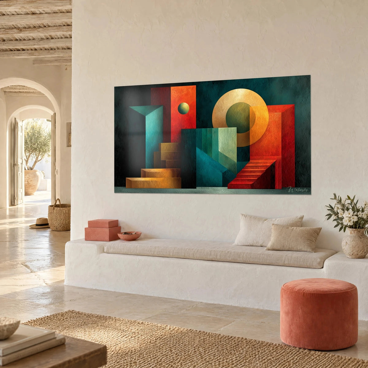 Wall art Bauhaus composition with turquoise and crimson prisms, large amber circle, three-quarter view, white bench, bright house
