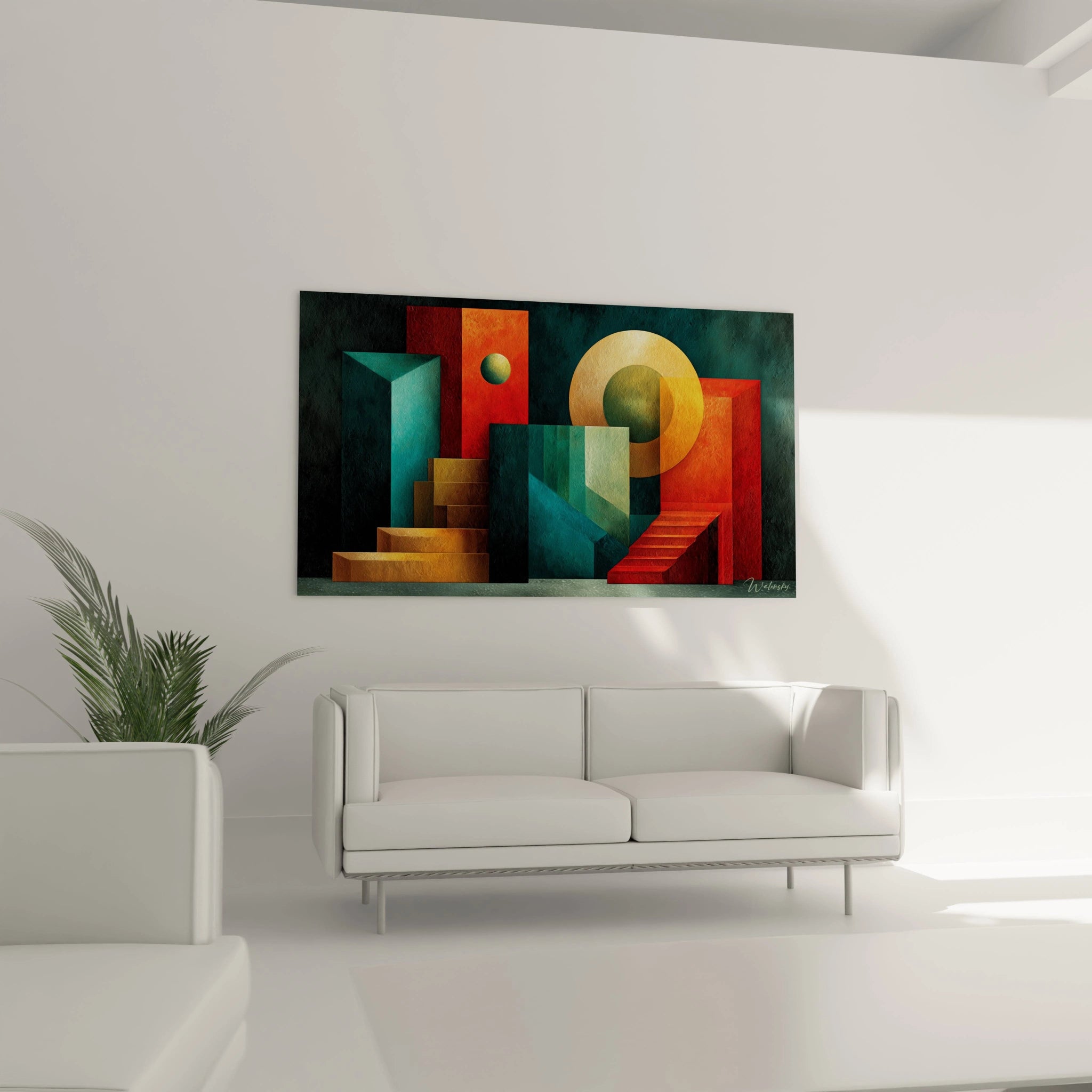 Walensky tableau mural moderne avec formes colorées et escaliers abstraits tableau géométrique abstraction Bauhaus