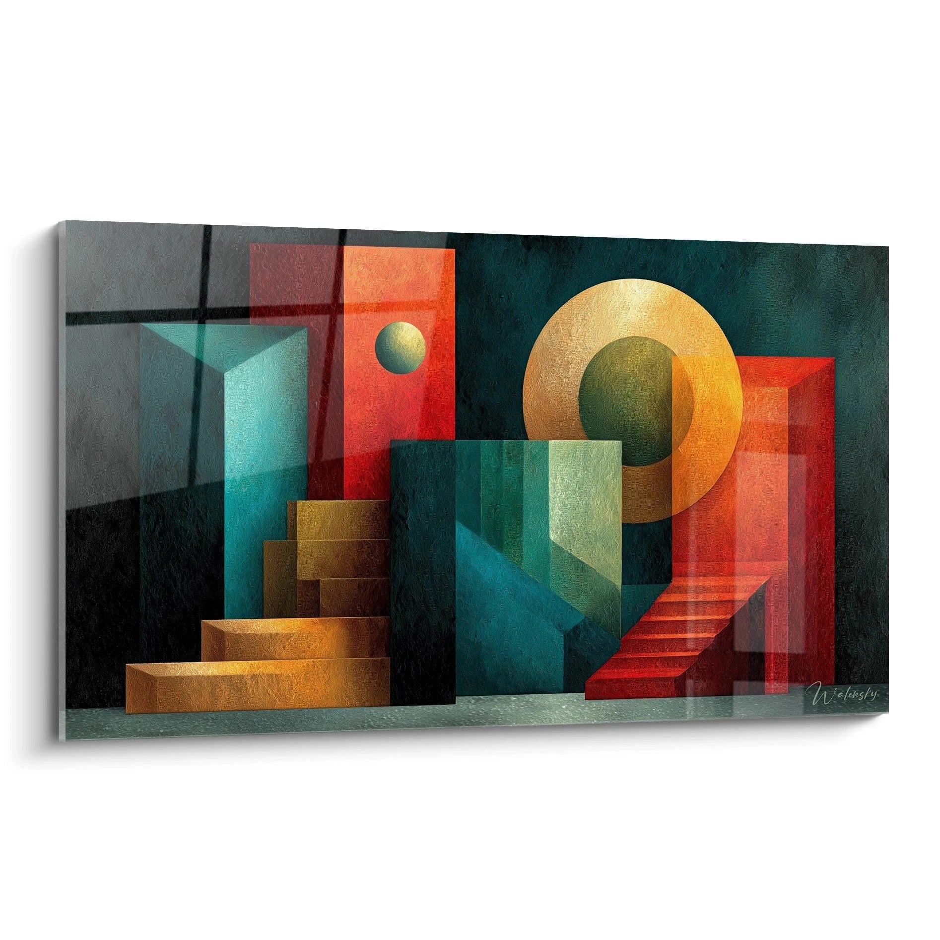 Walensky tableau mural tableau géométrique abstraction Bauhaus avec blocs 3D escaliers cercle doré et teintes rouge vert