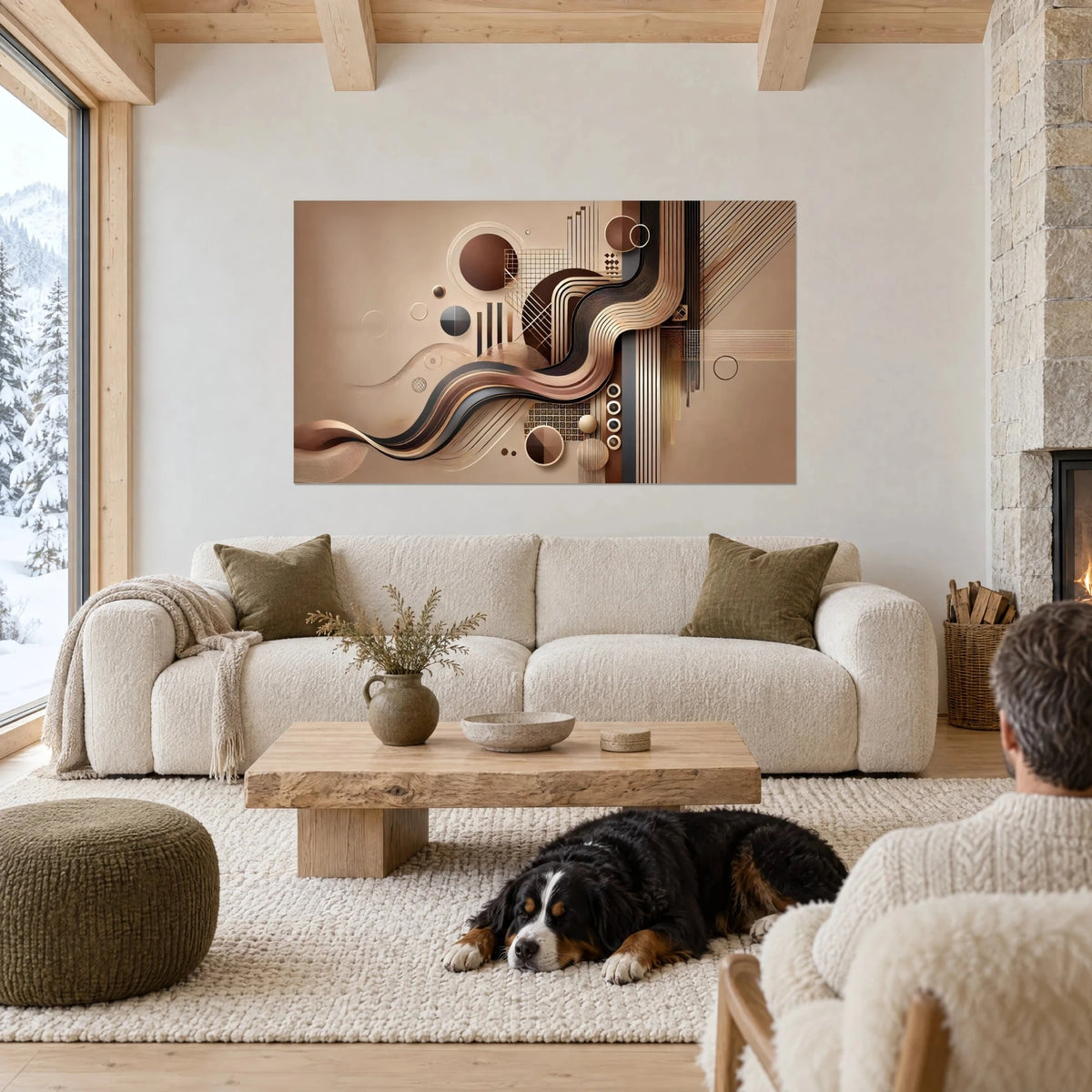 Wall art with bronze and copper waves on a beige background, brown discs, above a sofa in a bright living room