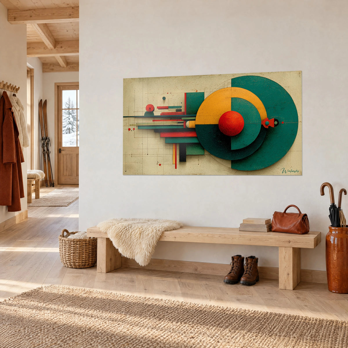 Tableau géométrie abstraite, demi-cercles jaune moutarde et vert profond, barres rouges, sur fond crème, mur de l'entrée chalet