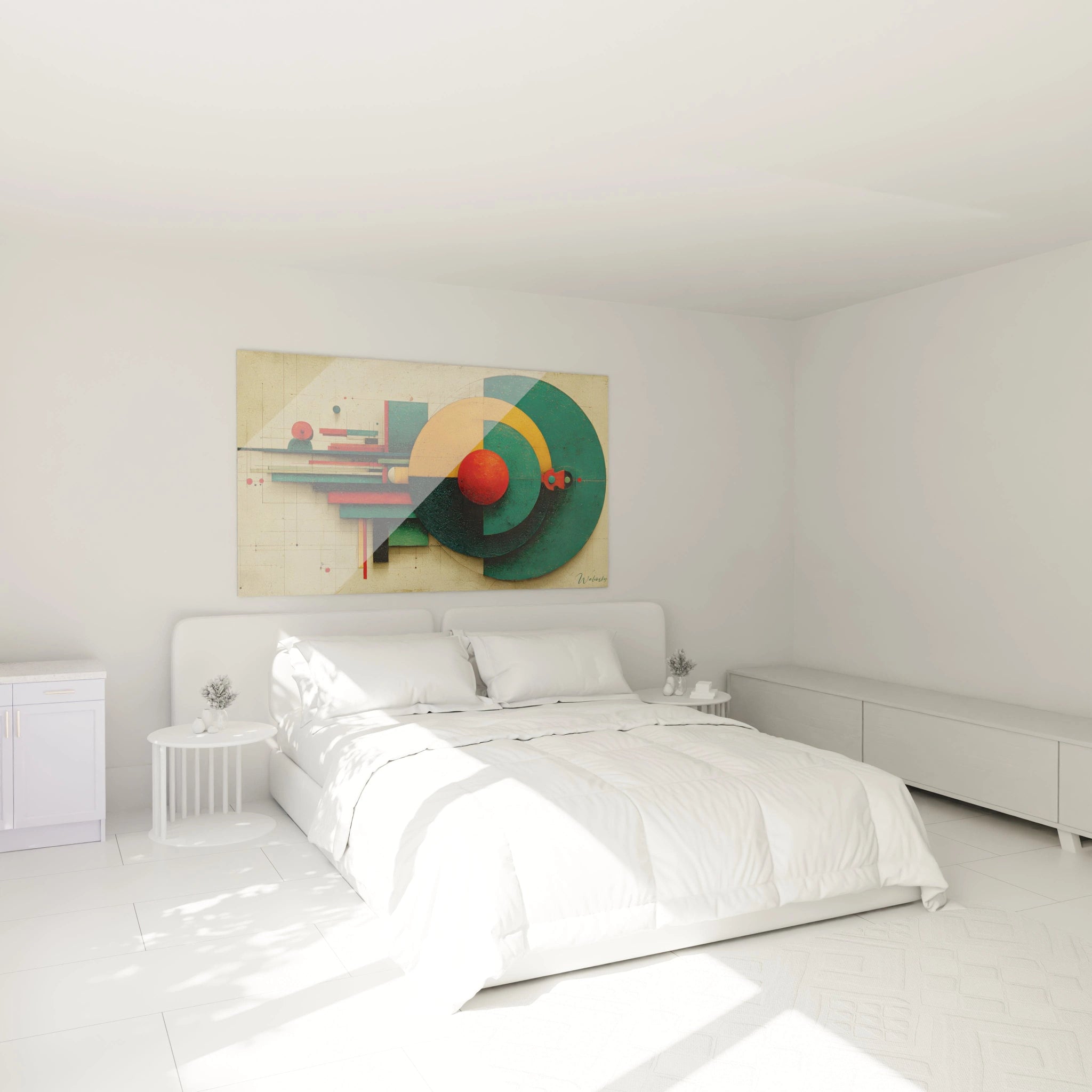 Tableau mural Walensky au dessus du lit blanc minimaliste, motifs circulaires verts et rouges, tableau géométrique style Bauhaus