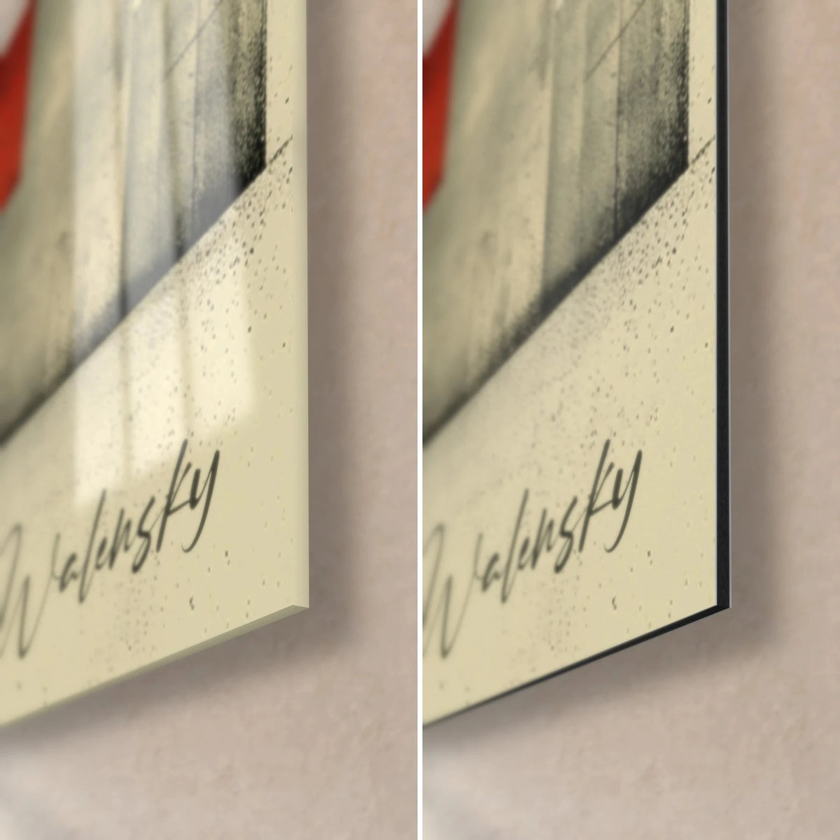 Tableau formes géométriques crème et orange, coin bas droit : verre acrylique brillant à gauche, alu Dibond mat à droite