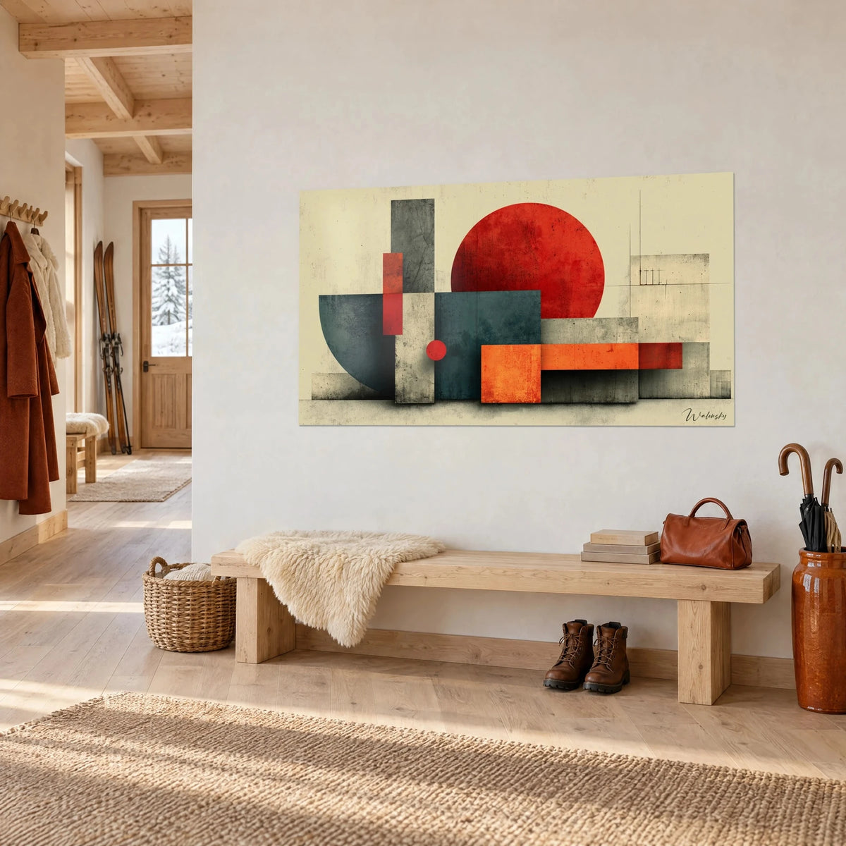 Tableau soleil écarlate et rectangles bleu pétrole en aplats usés, accroché dans l'entrée d'un chalet, banc en bois clair