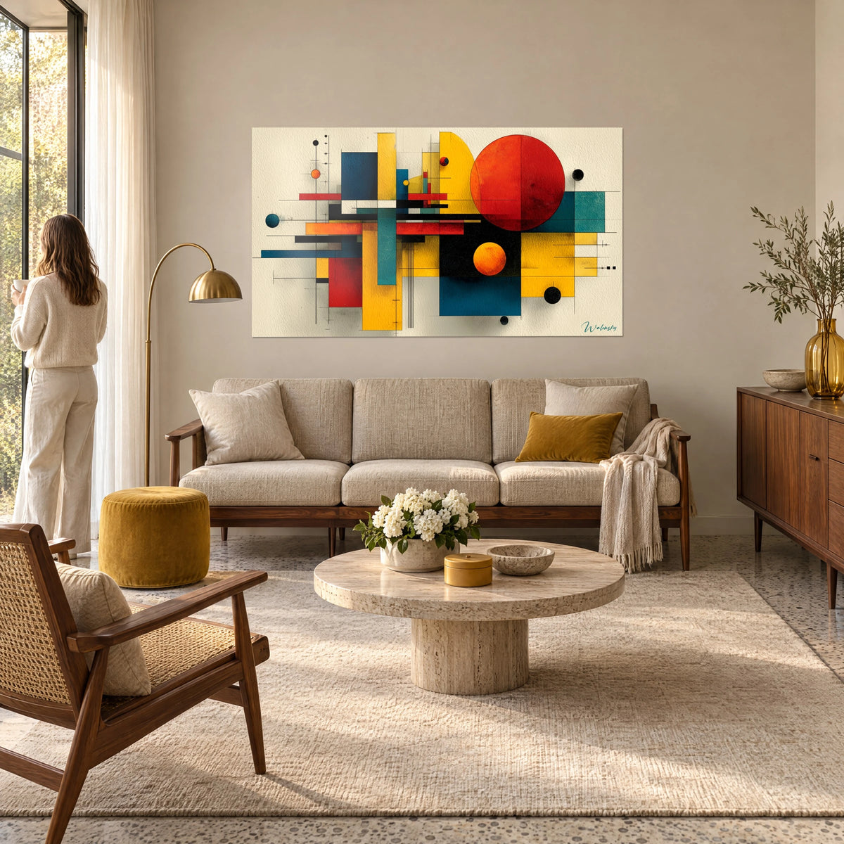 Cuadro composición Bauhaus con un gran disco rojo y rectángulos amarillo mostaza y azul petróleo, sobre un sofá en un salón luminoso