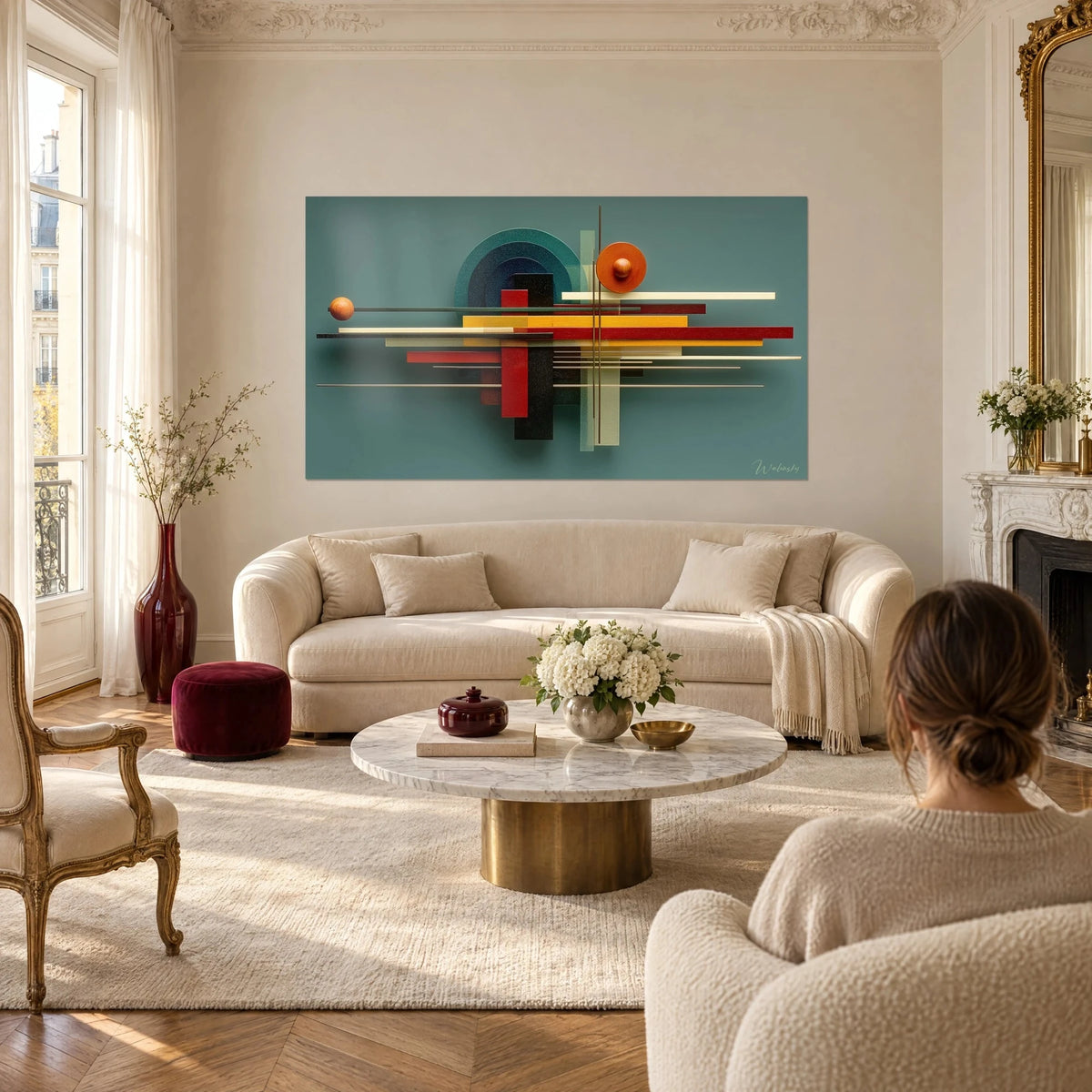 Gemälde geometrische Bauhaus-Komposition, entenblaue und rotorange Kreise, senfgelbe Balken, über einem Sofa in einem lichtdurchfluteten Wohnzimmer