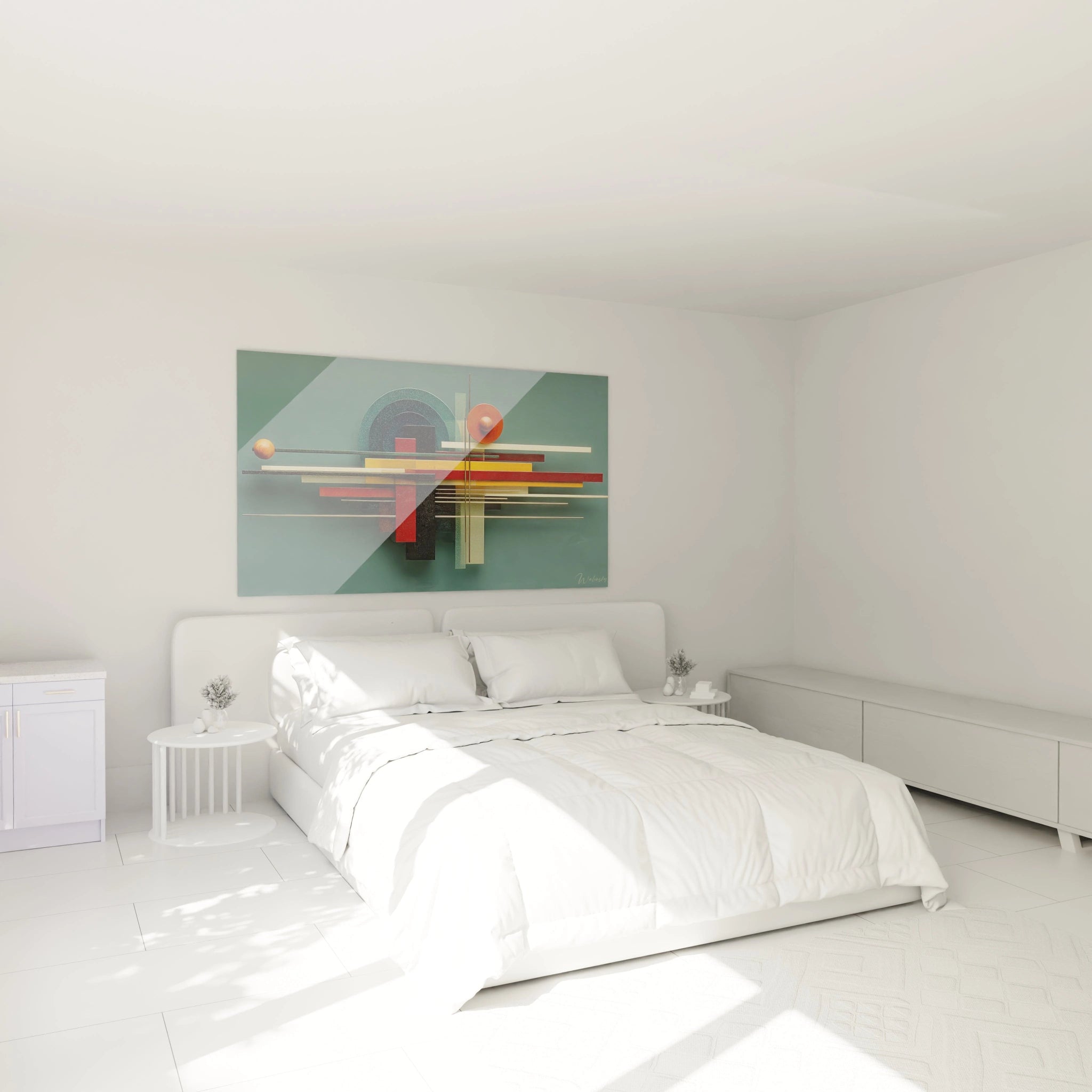 Tableau mural Walensky tableau géométrique Bauhaus aux formes et couleurs abstraites accroché au dessus d un lit blanc minimaliste