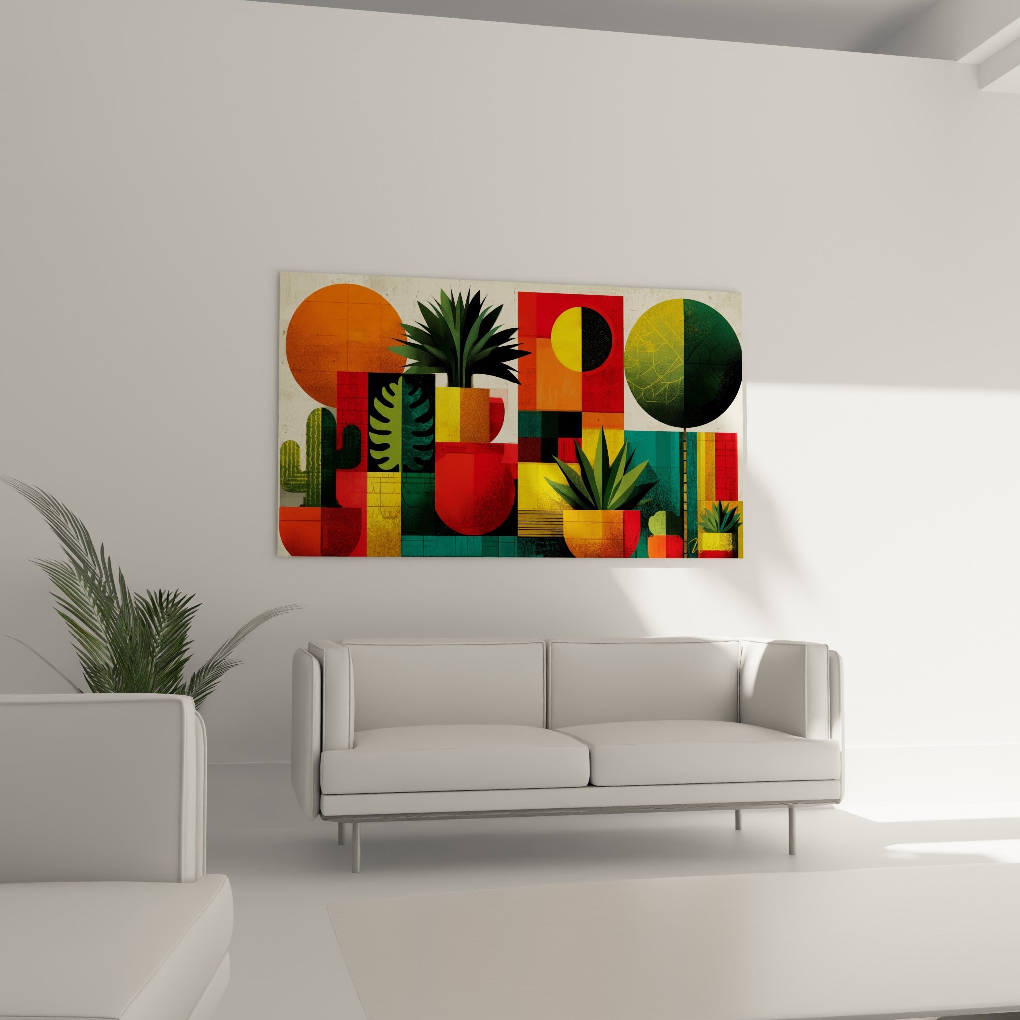 Cactus et agaves stylisés en rouge et vert sur tableau abstrait au-dessus d'un canapé dans un salon lumineux