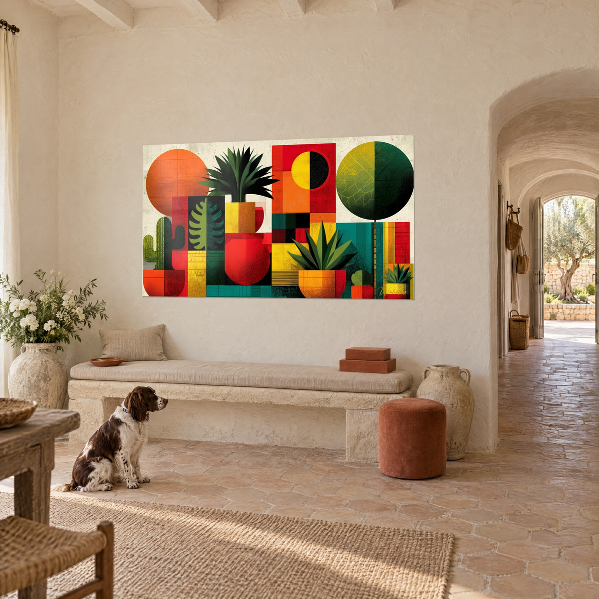 Tableau jardin solaire stylisé, soleil orange et disque vert sombre, spaniel assis, mur crème d'un mas provençal