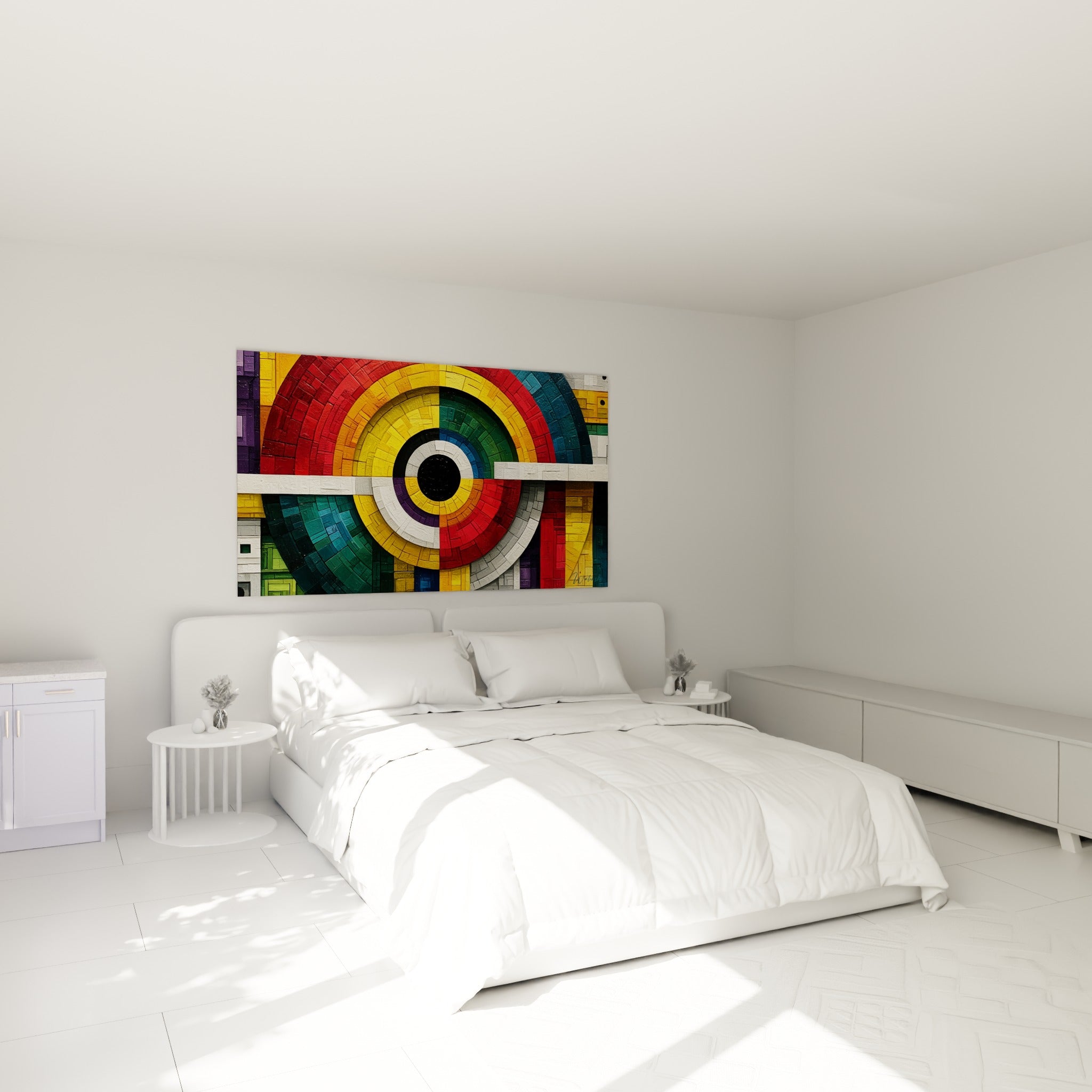 Motif circulaire géometrique abstrait rouge et bleu marine, accroché au-dessus d'un lit dans une chambre claire