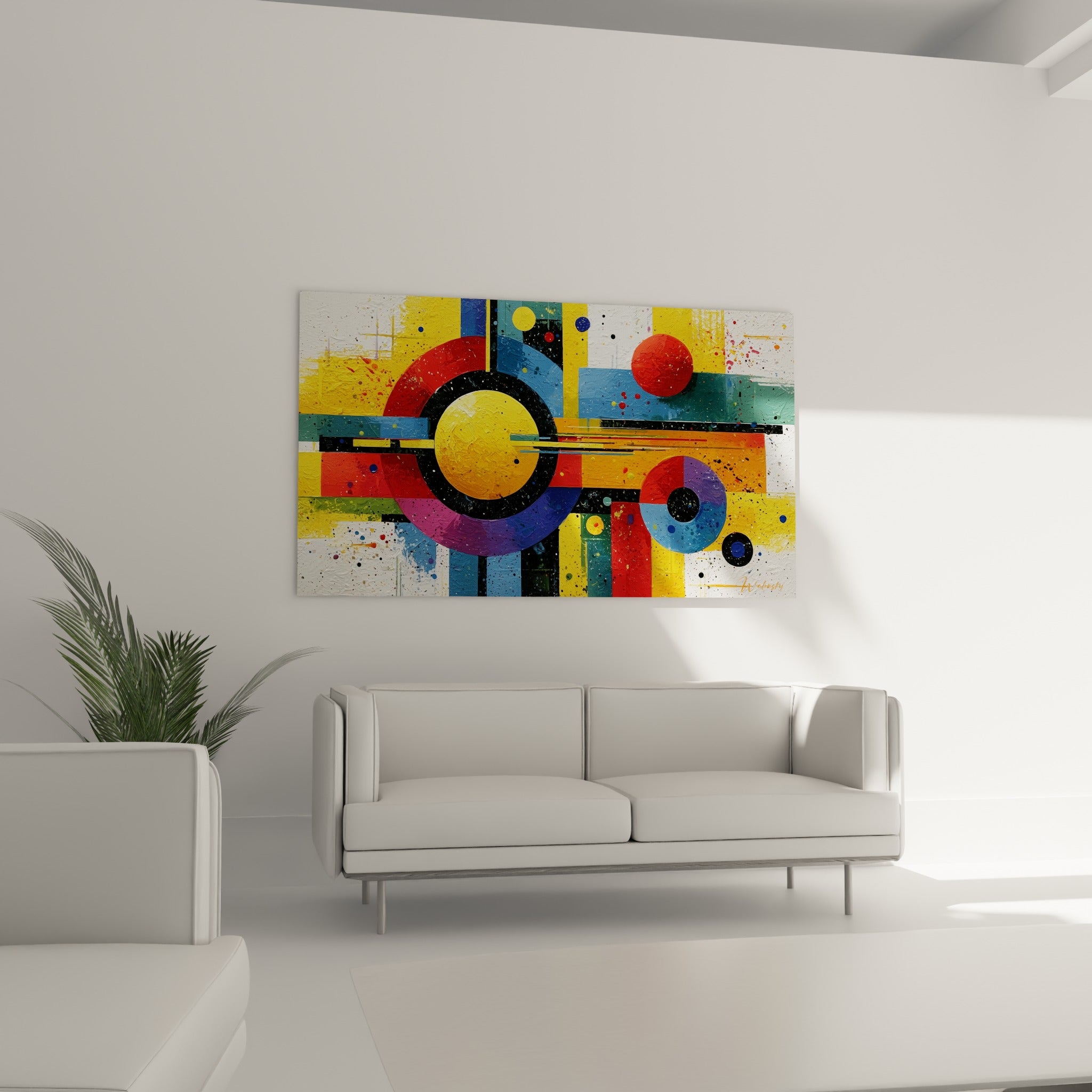 Motifs circulaires rouge et bleu pastel du tableau géometrique abstrait au-dessus d'un canapé dans un salon lumineux