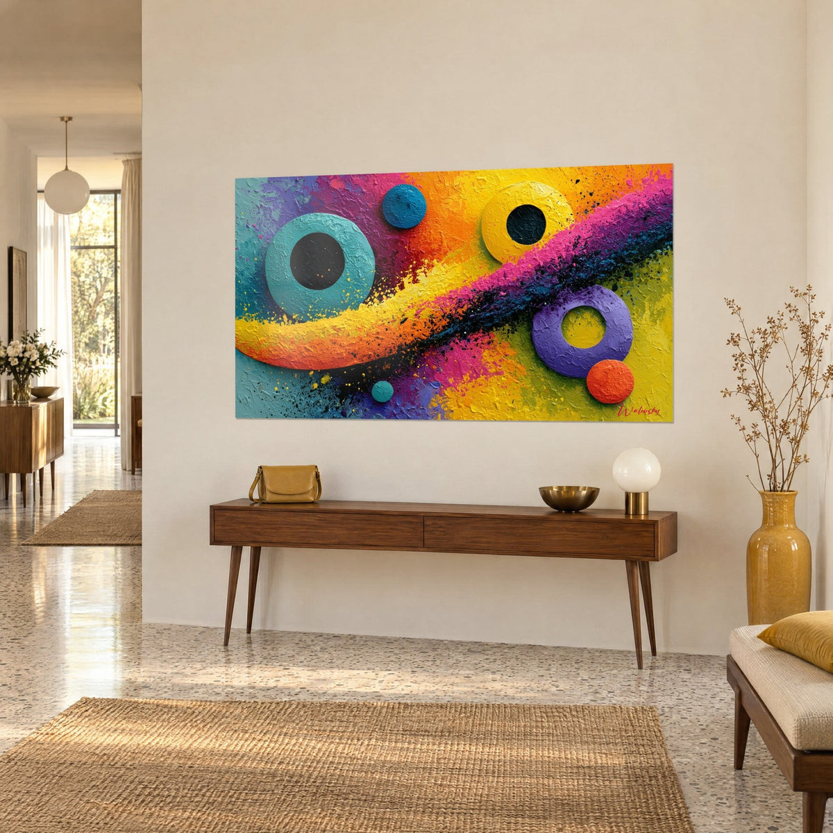 Cuadro de discos abstractos en relieve, anillo violeta y punto rojo sobre fondo ocre, visto de tres cuartos, consola de madera