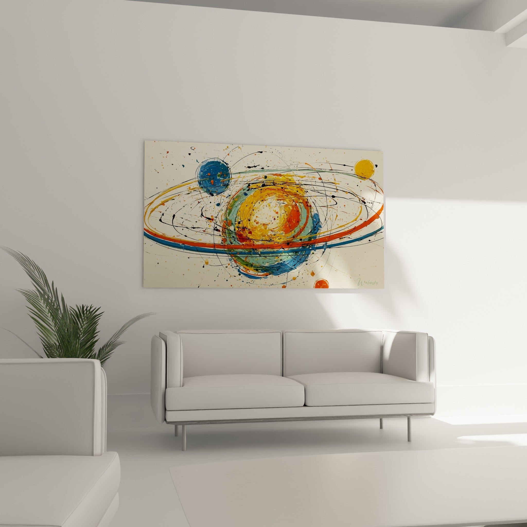 Orbites dorées et vertes entourant une planète orange au-dessus d'un canapé dans un salon lumineux