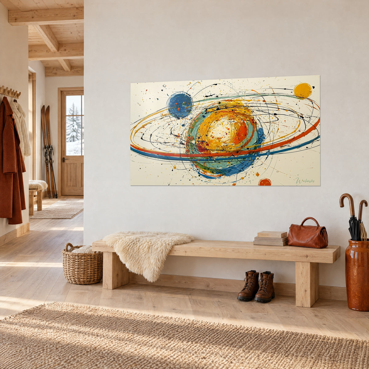 Tableau globe doré cerné d'orbites rouges et bleues, gouttes de peinture noires, au-dessus d'un banc en bois dans l'entrée d'un chalet