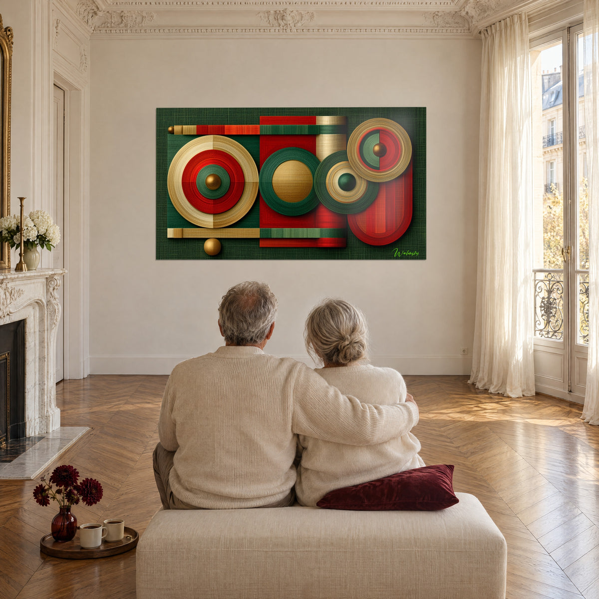 Tableau anneaux dorés et rouges sur vert profond, couple de dos enlacé sur un pouf crème, salon haussmannien et parquet en point de Hongrie