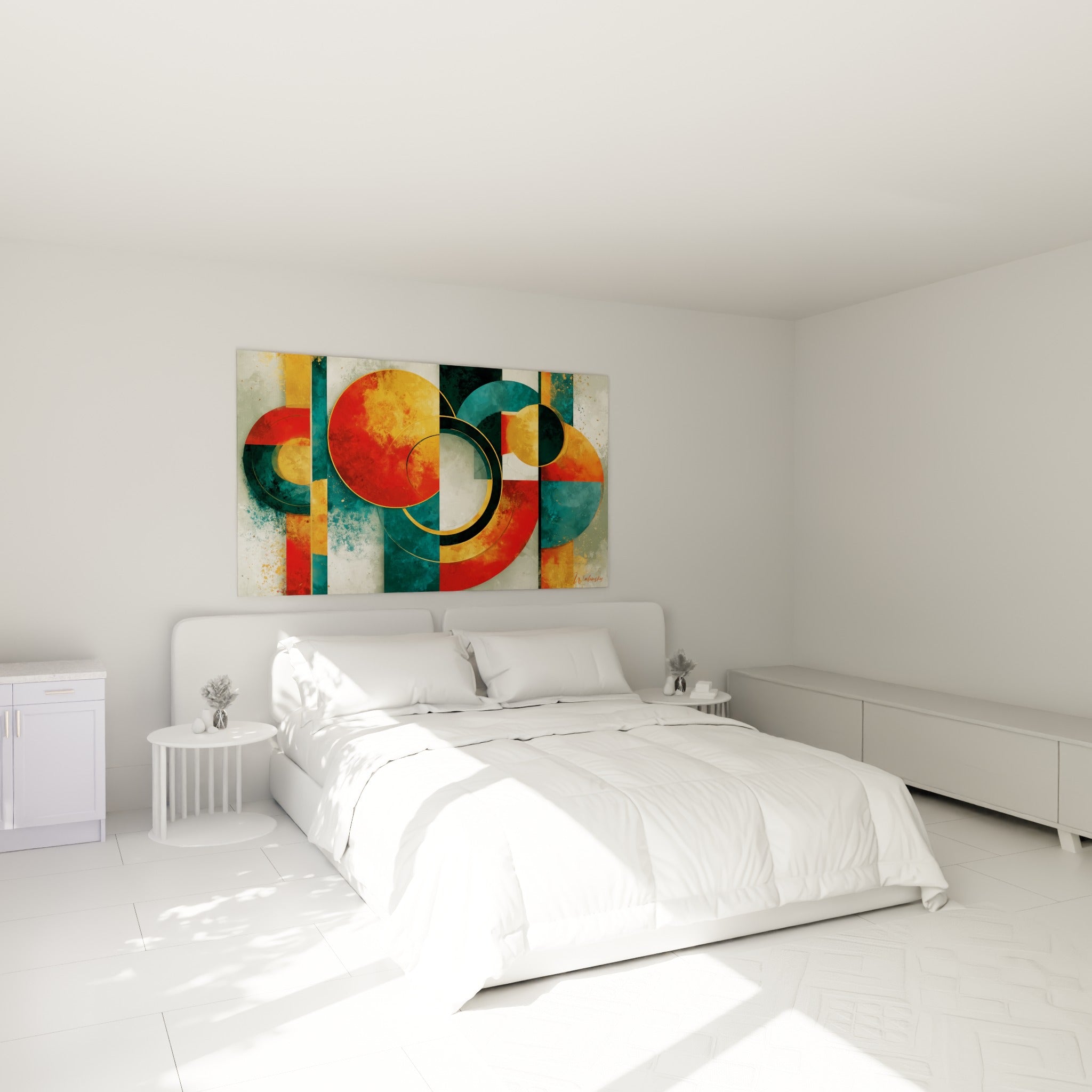 Anneaux dorés et rouges d'un tableau géométrique abstrait accrochés au-dessus d'un lit dans une chambre claire