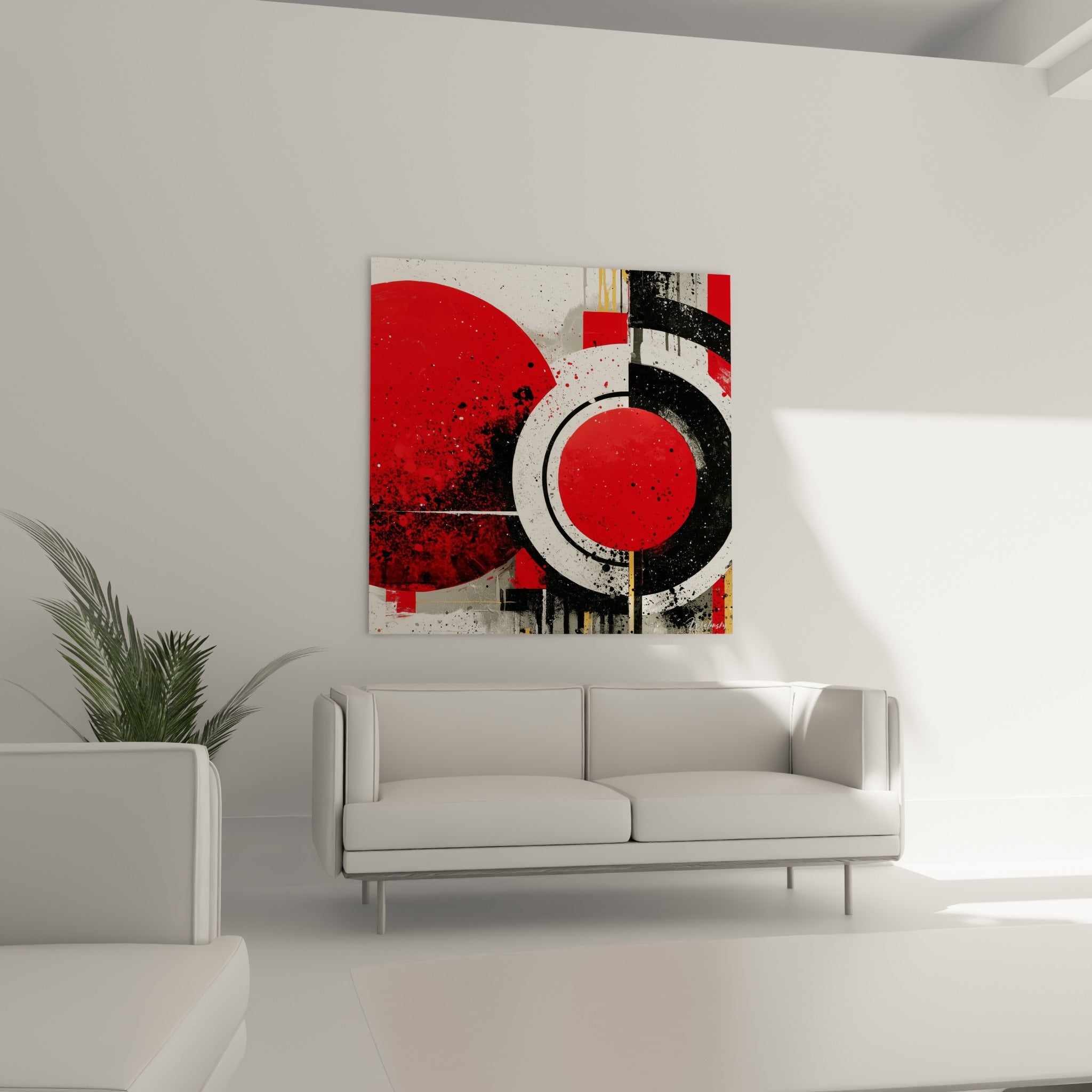 Formes circulaires rouge et noir aux touches dorées disposées au-dessus d'un canapé dans un salon lumineux