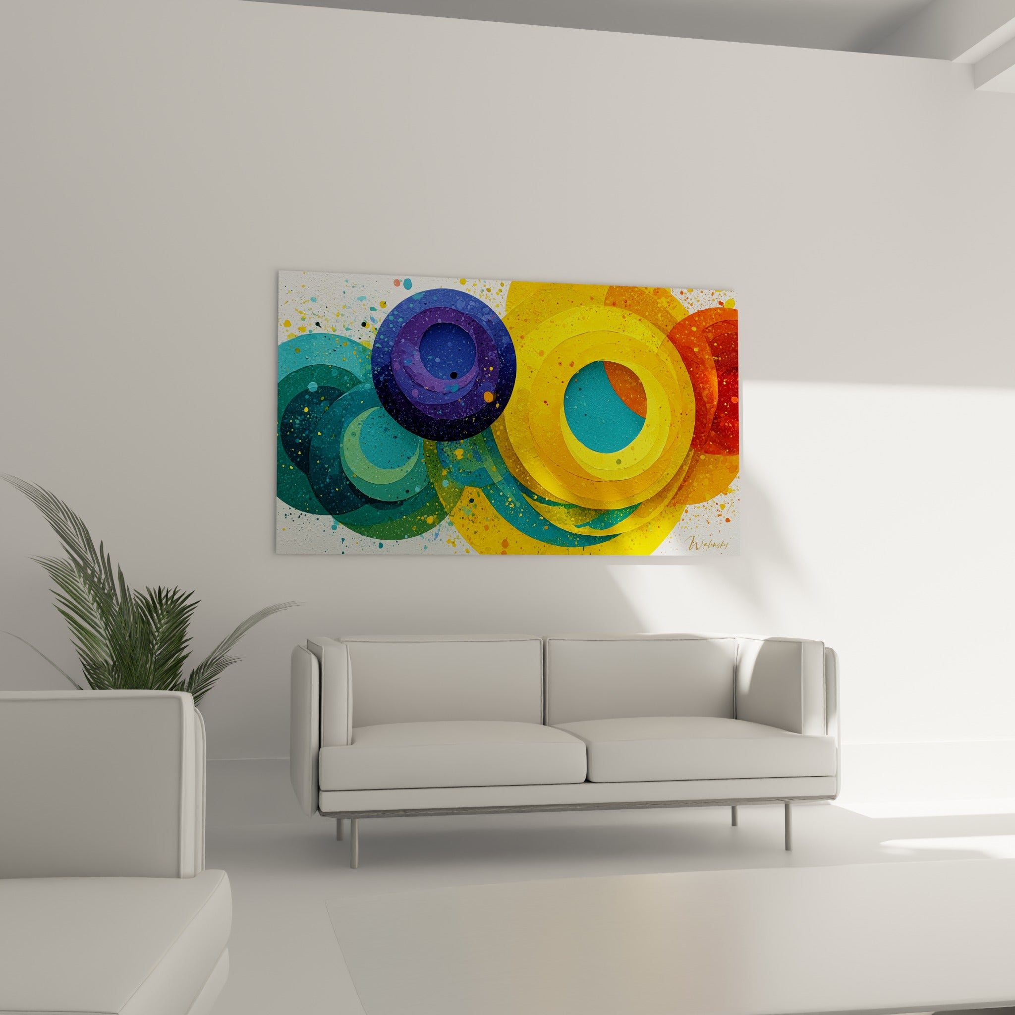 Anneaux jaune moutarde et bleu marine de cette œuvre géometrique abstraite au-dessus d'un canapé dans un salon lumineux