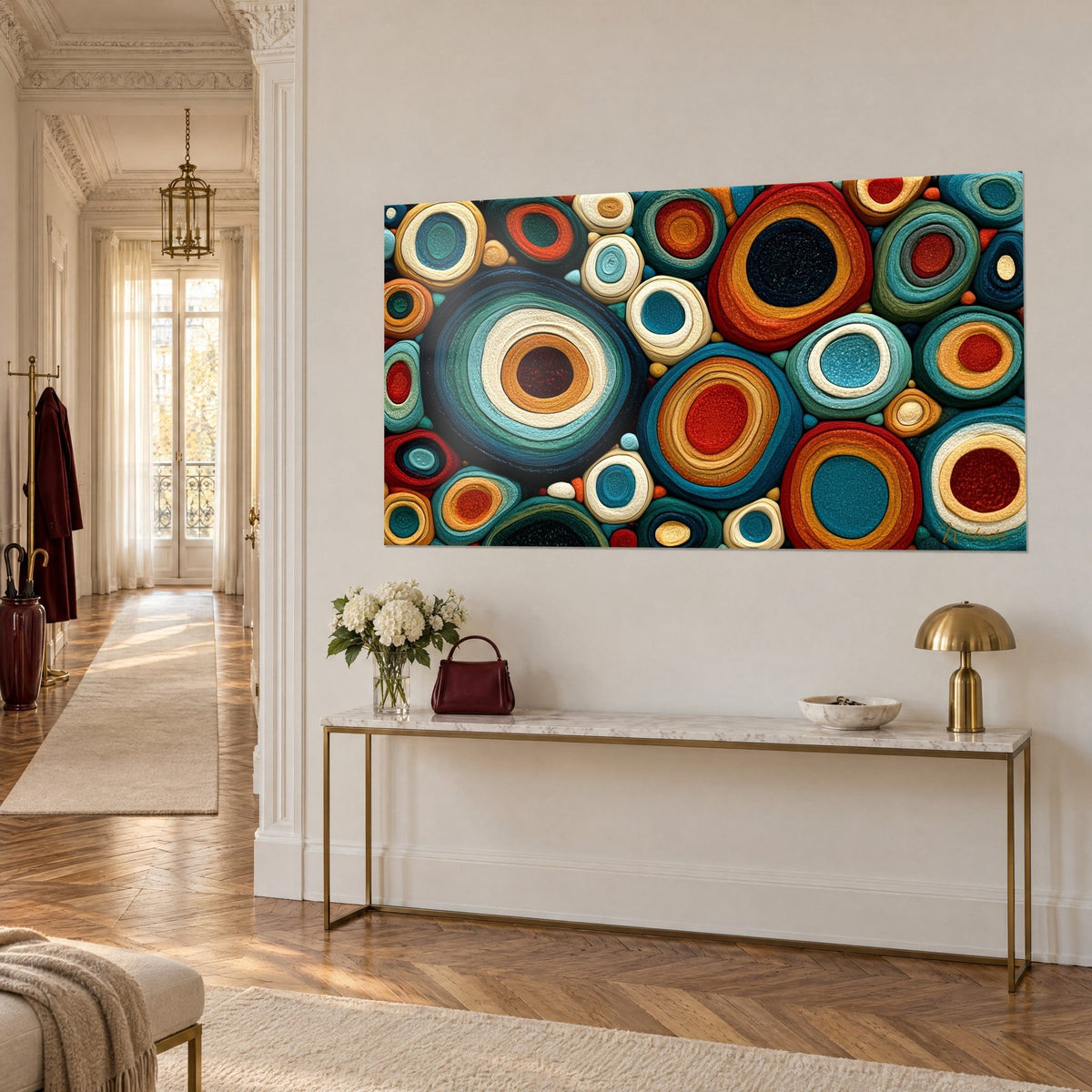 Wall art of pebble rings in ochre and brick red, felted wool relief, on a white Haussmann-style wall, three-quarter view