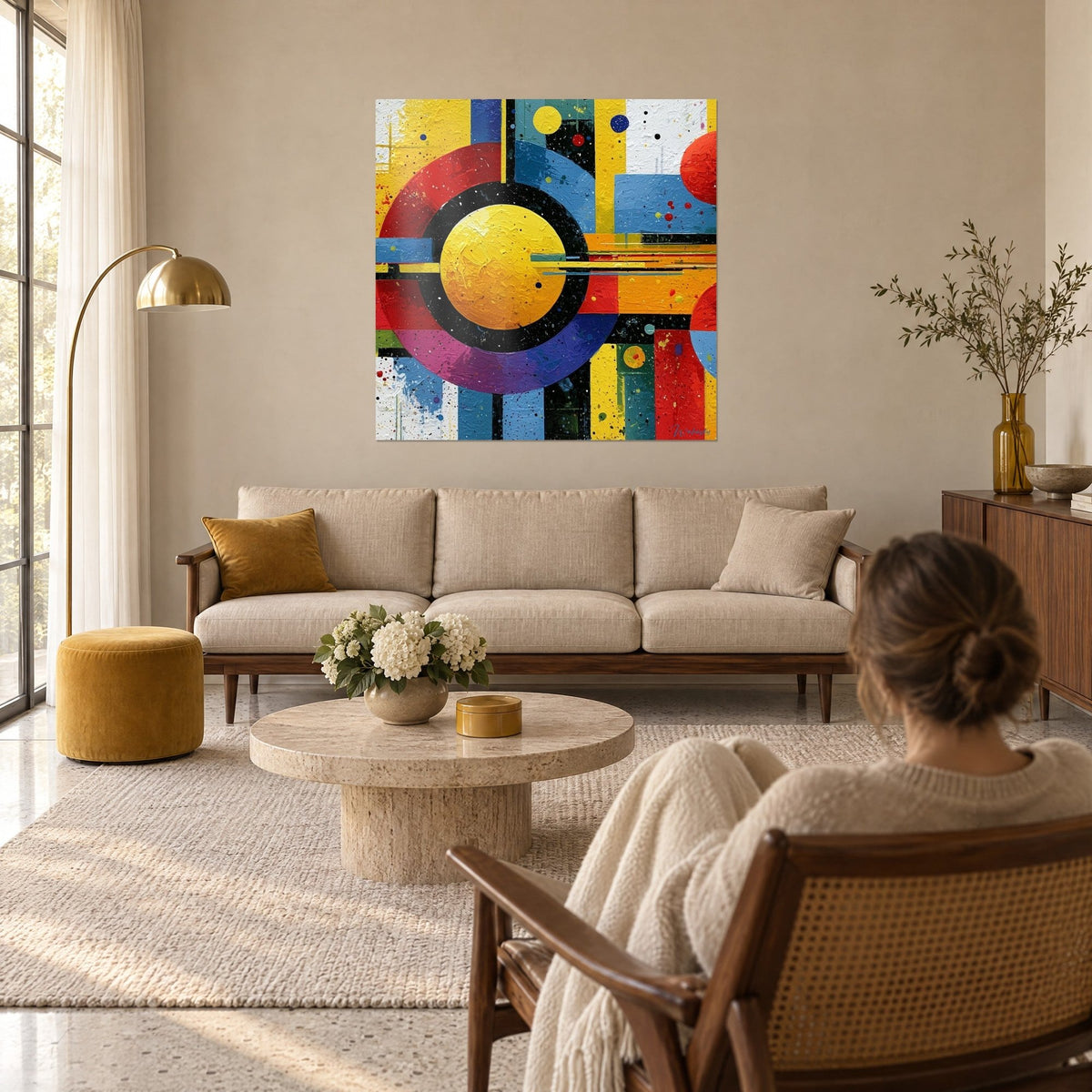 Quadro disco solare giallo contornato di nero, strisce rosse e blu, donna di spalle sopra un divano in un soggiorno luminoso