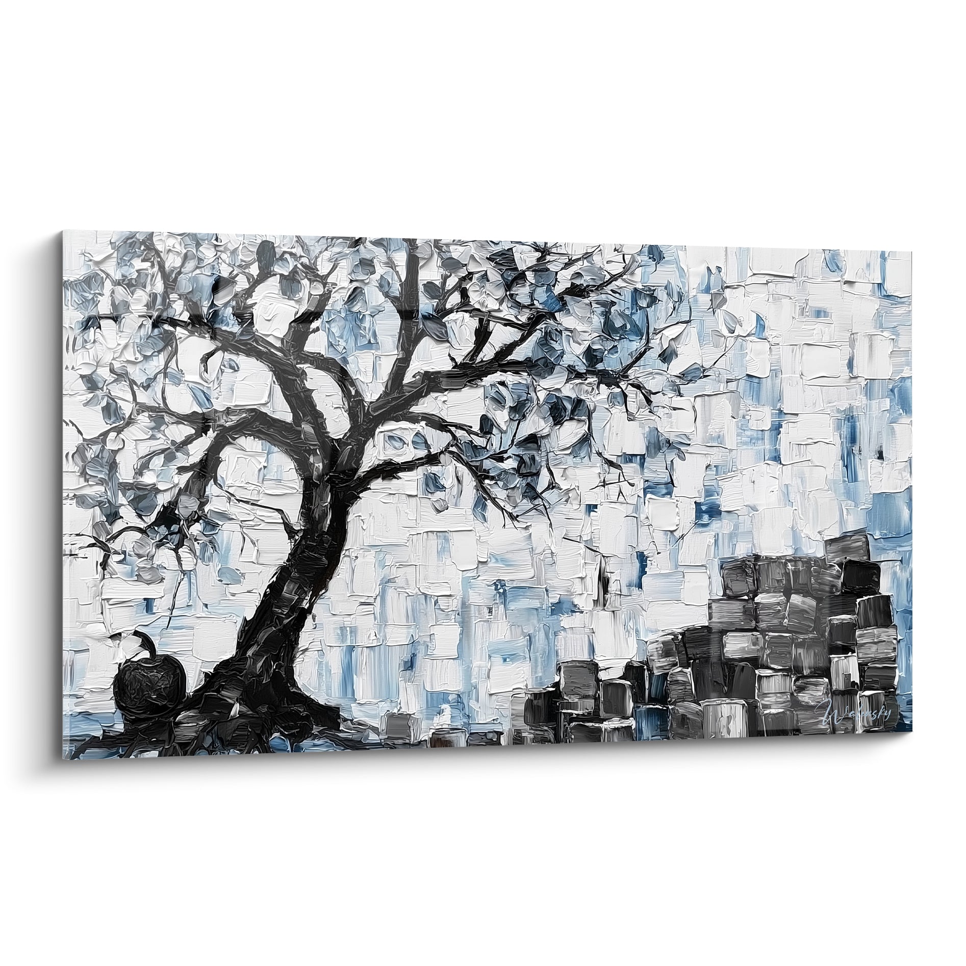 Arbre noir aux branches sinueuses sur fond bleu ardoise et blanc, peinture texturée au couteau